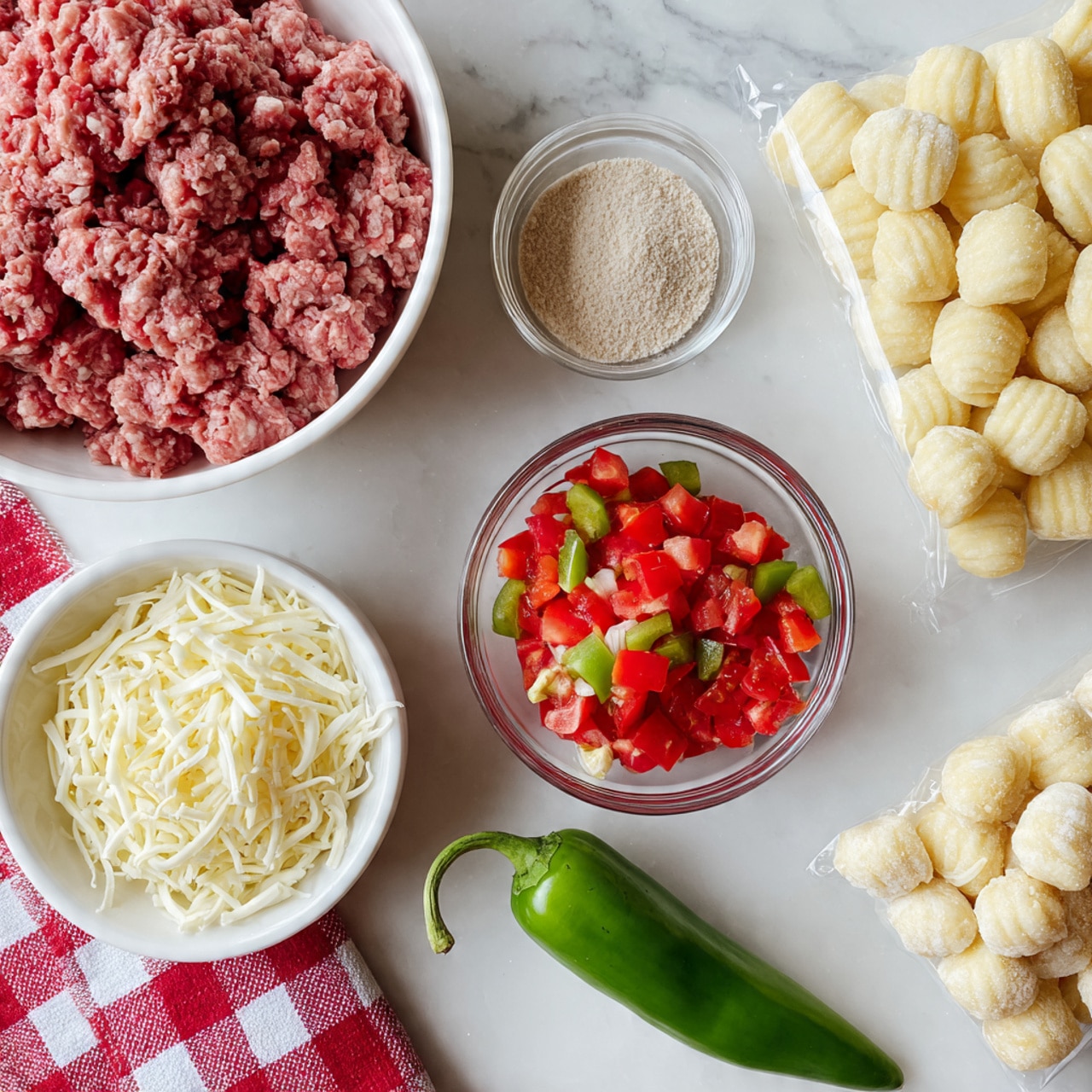 A white bowl filled with raw ground meat sits in the lower left, next to a small white bowl filled with shredded cheese at the bottom center. To the right of the cheese is a whole green chili pepper, and above that is a small glass bowl filled with diced red tomatoes mixed with some green peppers. At the top right is a clear plastic package of pale yellow gnocchi. A small glass bowl filled with a light brown powder rests on a red and white checkered cloth in the upper left, all placed on a white marbled surface. photo taken with an iphone --ar 4:5 --v 7