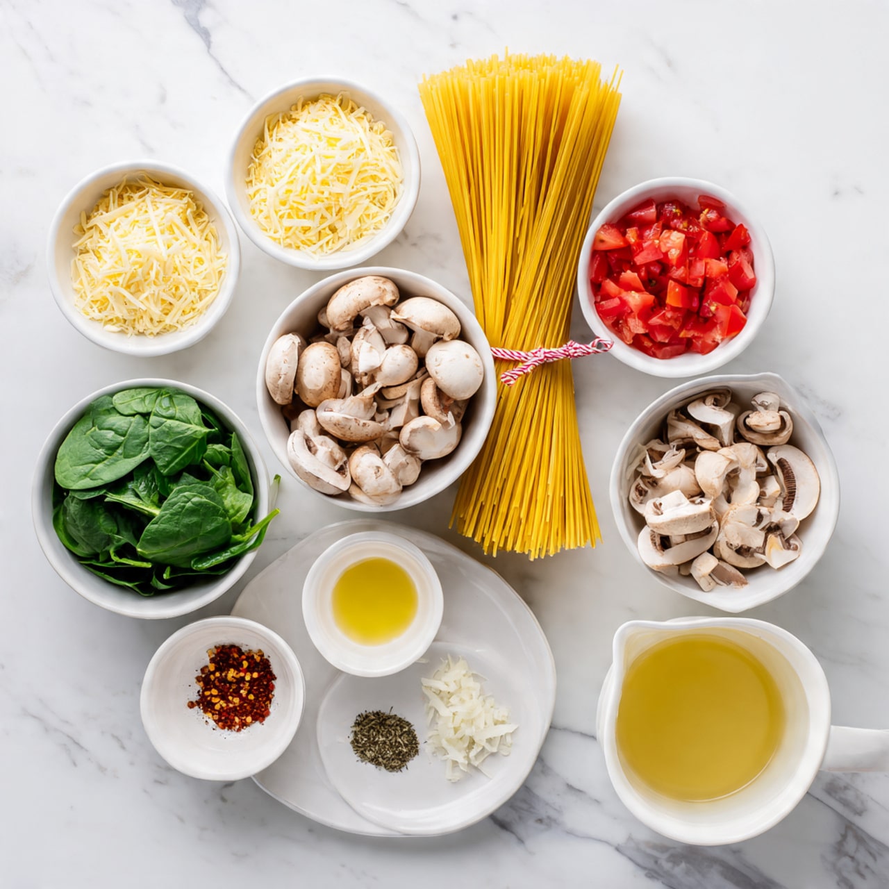 The image shows raw cooking ingredients arranged neatly on a white marbled surface. At the center is a bunch of uncooked yellow spaghetti tied with a red and white string. Around this are eight small white bowls filled with different ingredients: bright red diced tomatoes with some liquid, finely shredded pale yellow parmesan, fresh green spinach leaves, small chopped white onions, sliced light brown mushrooms, finely chopped white garlic, and a pale yellow broth in a clear measuring cup. There is also a small white plate holding two piles of seasonings—one black pepper and red chili flakes—and a white ramekin with light yellow olive oil. Each bowl and plate is clean and simple, showing the natural colors and textures of the ingredients clearly. photo taken with an iphone --ar 4:5 --v 7
