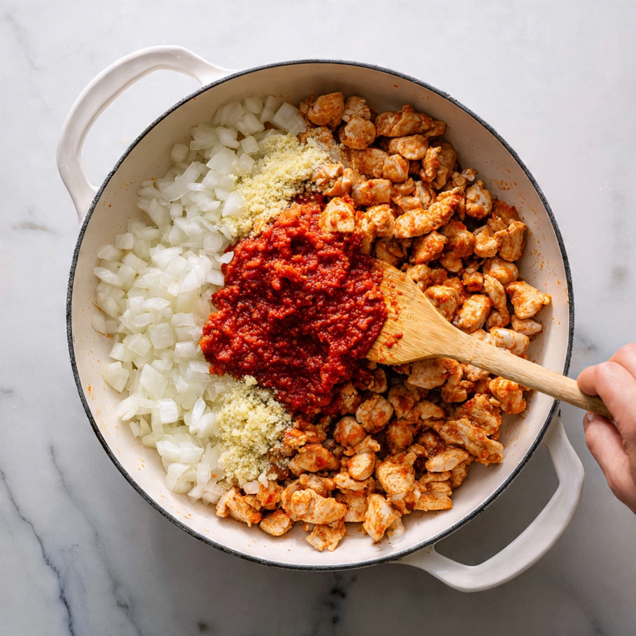 A white pan filled with several layers of food sits on a white marbled surface. The bottom layer consists of white chopped onions evenly spread across the pan. On top of the onions, there are small pieces of cooked chicken with a seasoned orange-brown color, scattered all over. In the center of the pan, a dollop of bright red tomato paste sits prominently, adding a contrasting color. Small bits of crushed light yellow garlic are placed near the tomato paste. A woman's hand holding a wooden spatula is visible on the right side, moving the ingredients gently. The photo taken with an iphone --ar 4:5 --v 7