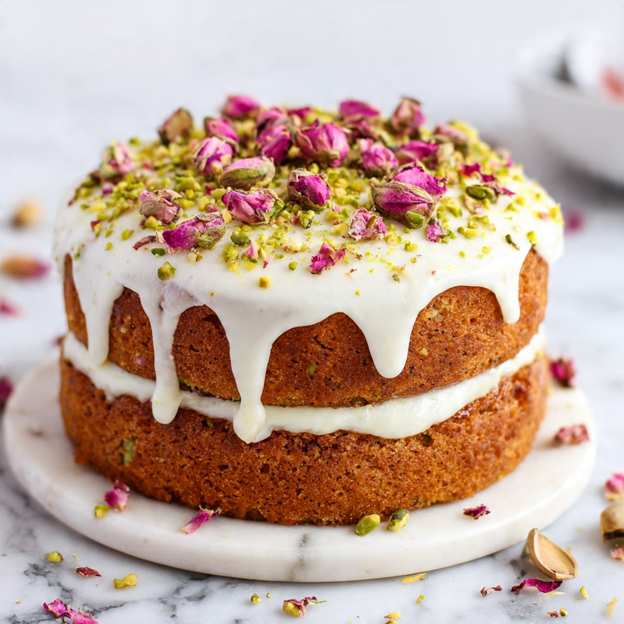 A close-up of a slice of two-layer yellow cake on a white speckled plate with brown edges, showing a moist and crumbly texture. The cake has a thick white frosting layer between the two yellow cake layers and some crushed nuts or pistachios sprinkled on the outer frosting. A small knife with a silver blade and light wooden handle presses into the front slice of the cake. In the background, there is a halved lemon slightly out of focus on a white marbled surface. Photo taken with an iphone --ar 4:5 --v 7
