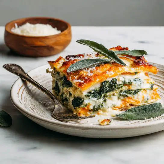 A piece of lasagna sits on a white plate with a textured rim, showing three visible layers: a top golden-brown cheese layer with a crispy texture, a middle layer with green leafy spinach mixed with creamy white cheese, and a bottom layer of orange sauce. Fresh green sage leaves are placed on top of the lasagna and on the plate. A silver fork rests on the plate with a bite of lasagna on it. The scene is set on a white marbled surface with a small wooden bowl of grated cheese partially visible in the background. Photo taken with an iphone --ar 4:5 --v 7