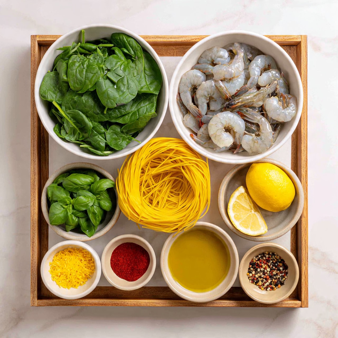 A wooden tray holds all the ingredients neatly arranged on a white marbled surface. In the top left is a white bowl full of fresh green spinach leaves. To its right, a larger white bowl is filled with raw, grayish-white peeled shrimp. Between these bowls, uncooked yellow spaghetti pasta lies flat in the center of the tray. Below the pasta, several small bowls hold different ingredients: bright green basil leaves in a white bowl, finely minced yellow lemon zest on the left, a small bowl with red paprika powder, a half lemon with a bright yellow center, a bowl of golden olive oil, minced garlic in a gray bowl, and crushed red pepper in a small beige bowl. The colors are fresh and vibrant, showcasing each ingredient clearly. photo taken with an iphone --ar 4:5 --v 7