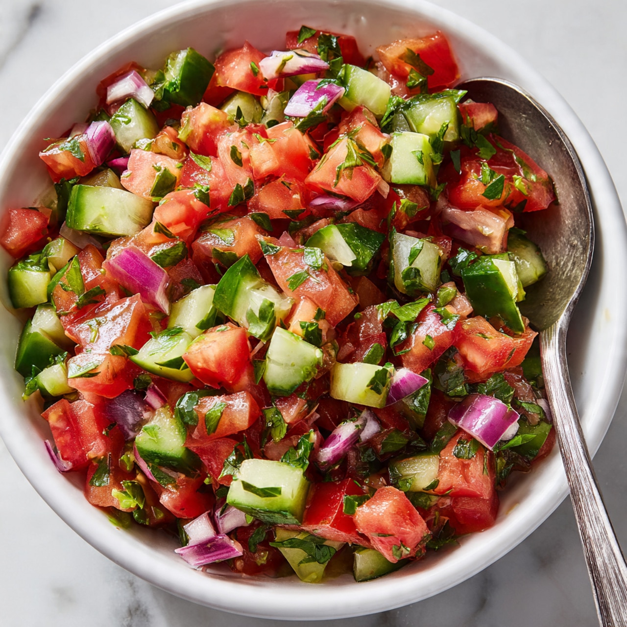 The image shows a close-up of a fresh salad in a white bowl filled with small diced vegetables. The salad has three main layers: vibrant red tomato pieces, bright green cucumber chunks with dark green edges, and small pieces of purple onion scattered throughout. The vegetables are mixed with finely chopped green herbs, adding detail and texture with tiny flecks of green. A silver spoon partially rests inside the bowl on the right side, with the salad ingredients slightly piled around it. The background features a white marbled surface. Photo taken with an iphone --ar 4:5 --v 7