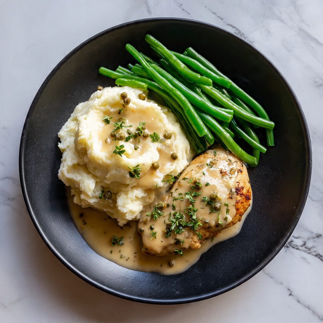 A black plate holds three layers of food on a white marbled surface. On the left, there is a large mound of creamy mashed potatoes with a smooth but slightly textured surface, covered partly by a light brown gravy sprinkled with small green herb pieces and specks of black pepper. On the right side, a golden-brown cooked chicken piece is topped with the same light brown gravy, also dotted with small green herbs. Above these, a neat pile of shiny, bright green steamed green beans is placed. The dish looks fresh and warm, with a soft shine on the gravy. photo taken with an iphone --ar 4:5 --v 7