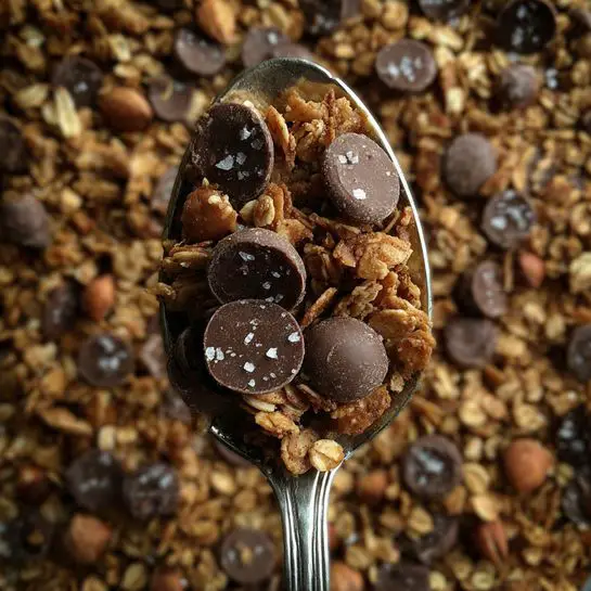 A close-up view of dark brown granola with big chocolate discs sprinkled with coarse salt on top, all heaped on a silver spoon held above a shallow pan filled with more granola and chocolate discs, the texture showing pieces of oats and nuts, all on a white marbled surface photo taken with an iphone --ar 4:5 --v 7