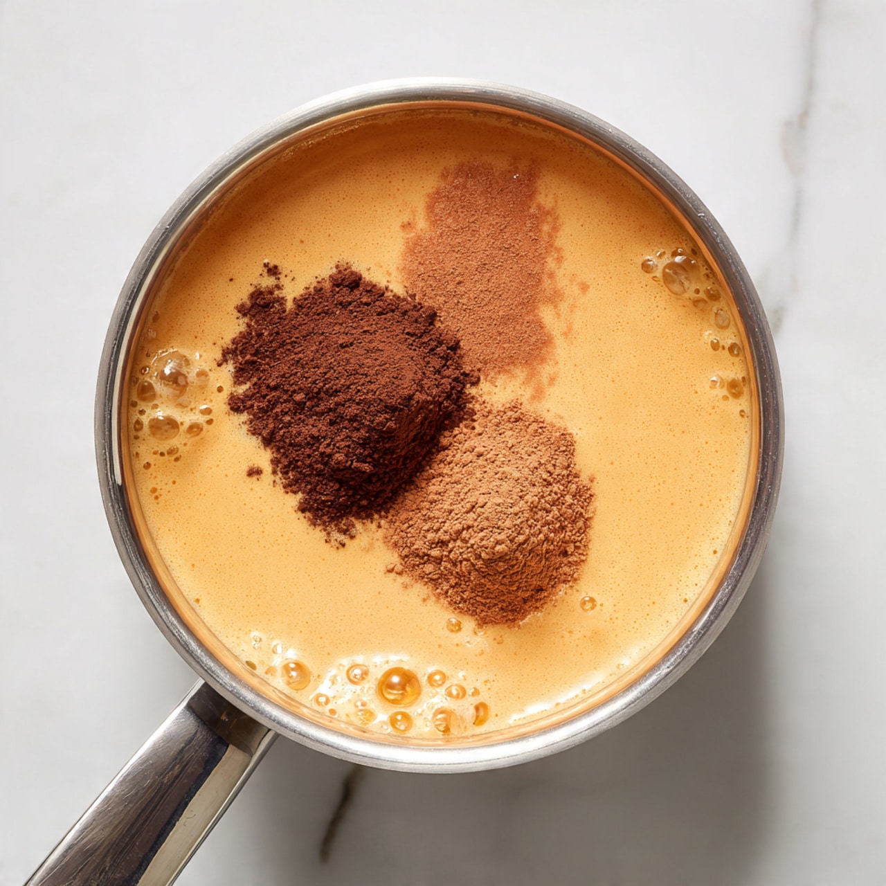 A close-up top view of a silver saucepan on a white marbled surface filled with a light orange liquid mixture. On the surface of the liquid, there are two distinct piles of powder: one dark brown and the other medium brown, both resting near the center. The saucepan handle extends downwards and slightly out of the frame. The liquid texture looks smooth with small bubbles scattered across the surface photo taken with an iphone --ar 4:5 --v 7