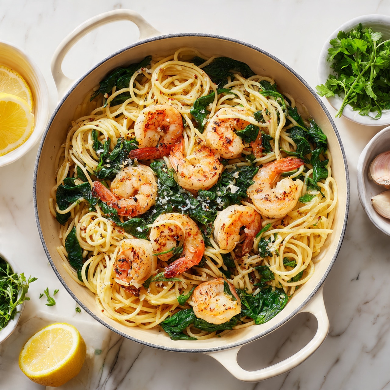 In a gray pan with a light gray handle, there is a dish of spaghetti mixed with cooked shrimp and wilted spinach. The spaghetti is light yellow and is twisted in several loose piles. Orange-pink shrimp pieces are spread evenly on top, showing slight grill marks and seasoning. Dark green spinach leaves are scattered throughout, adding a fresh contrast. Around the pan, on a white marbled surface, there are small white dishes holding fresh green herbs, lemon halves, and garlic cloves. The overall look is warm and fresh with natural lighting. photo taken with an iphone --ar 4:5 --v 7