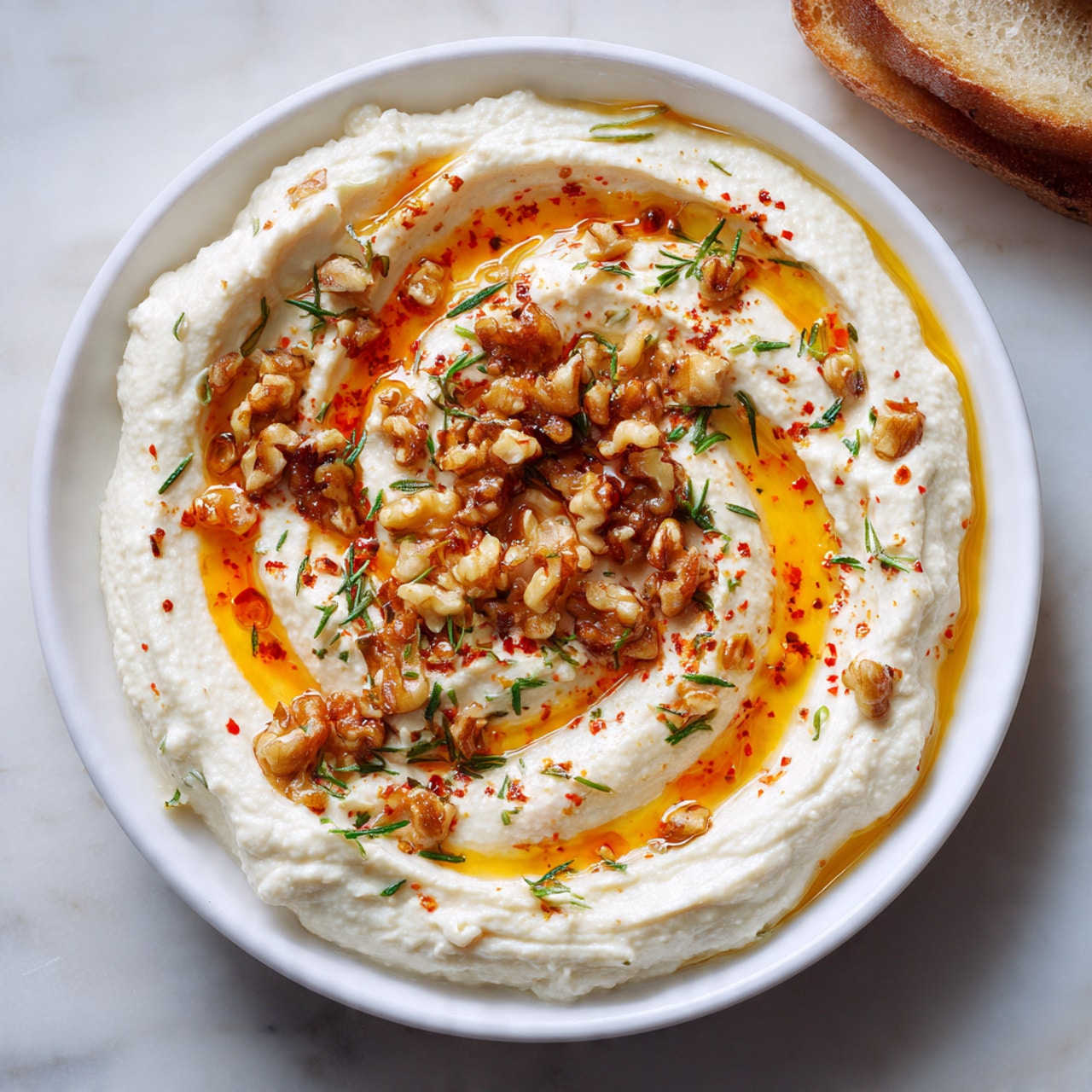 A shallow white bowl holds a single layer of creamy white hummus, spread evenly but with soft swirls and waves across its surface. On top, there is a thin layer of bright orange-red oil pooling gently in the dips of the hummus. Small pieces of chopped golden-brown walnuts are scattered over this. Tiny bits of green herbs, likely rosemary, and a sprinkle of red spice flakes add color and texture details. In the background, there are pieces of light brown bread, blurred but visible, resting on a white marbled surface. Photo taken with an iphone --ar 4:5 --v 7