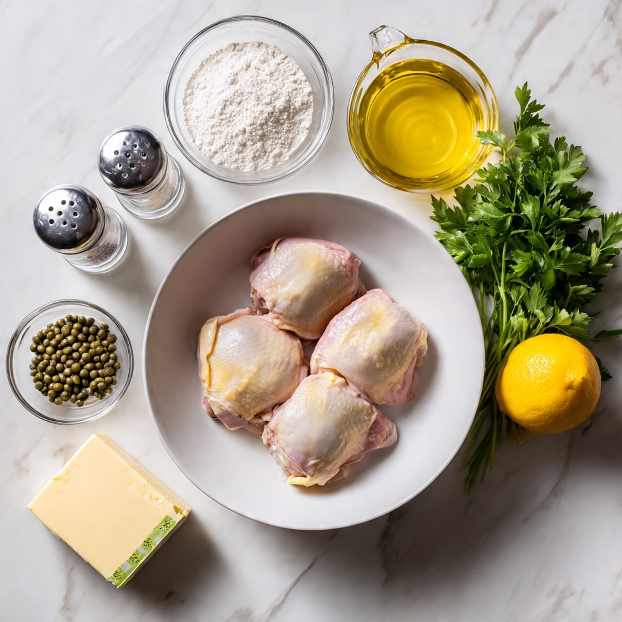 The image shows a white bowl in the center containing four raw chicken pieces with a smooth, pale pink color. Surrounding the bowl are small clear glass bowls holding white flour and green capers. To the left, there are two glass shakers for salt and pepper, both transparent with silver tops. Above the chicken bowl is a clear measuring cup filled with golden broth. To the right, there is a clear glass bottle of oil with some oil inside, next to a bright green bunch of fresh parsley and a whole lemon with a bright yellow color. Below the chicken bowl, there is a block of pale yellow butter with a label on it. The background is a white marbled texture. Photo taken with an iphone --ar 4:5 --v 7