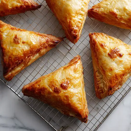 The image shows several golden brown triangular pastries placed on a metal cooling rack, which sits on a white marbled surface. Each pastry has a slightly puffy texture with crimped edges that are darker in color, indicating they are baked and crisp. The pastries are evenly spaced with some facing different angles, allowing the viewer to see their triangular shape clearly. The top of each pastry is smooth but with slight golden patches and baked spots, creating a warm, inviting appearance. photo taken with an iphone --ar 4:5 --v 7