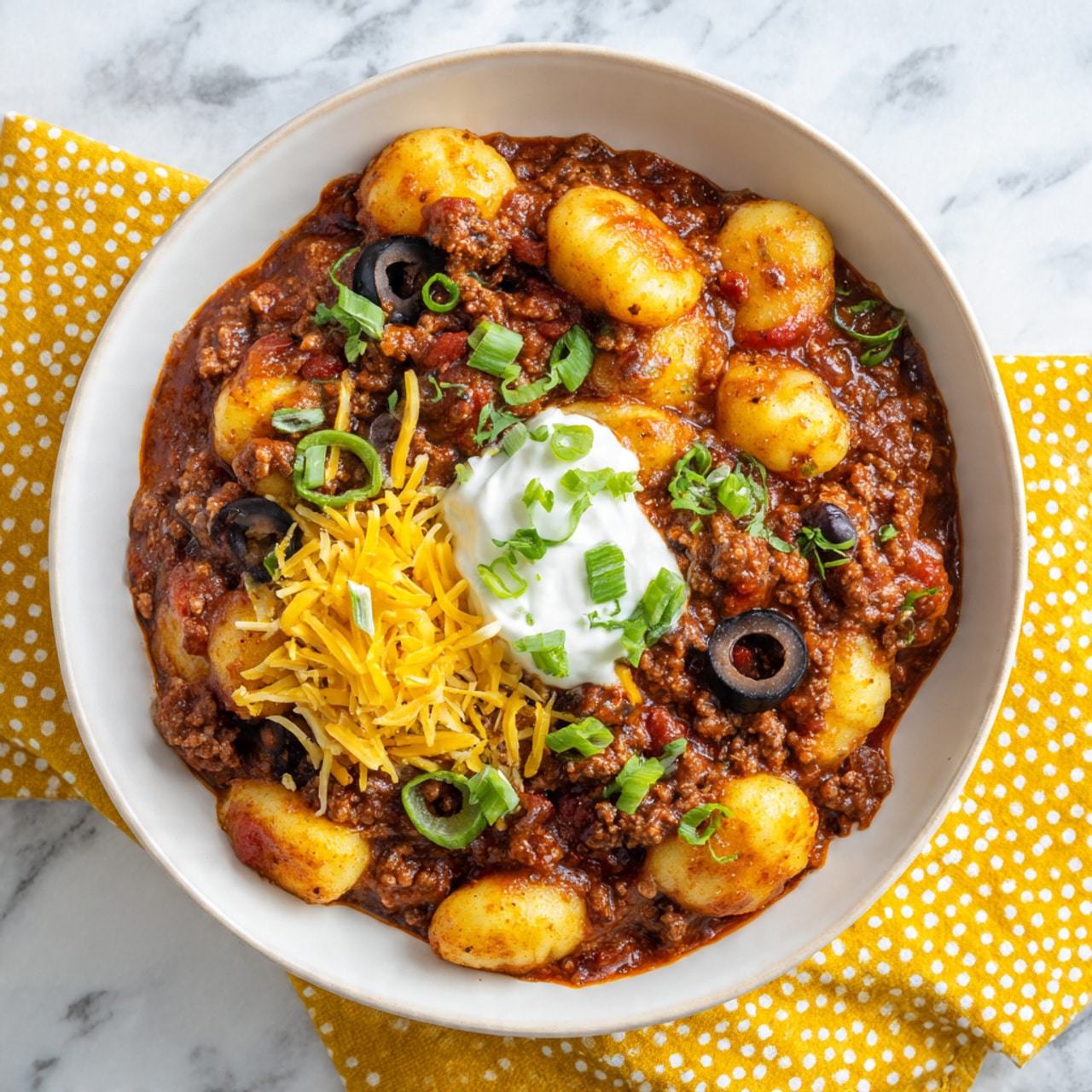 The dish is served in a white bowl filled with small round gnocchi pieces covered in a thick, brownish-red meat sauce mixed with visible minced meat bits. The sauce looks rich and chunky with hints of diced tomatoes. Sliced black olives and small green onion rings are scattered on top. A small pile of shredded yellow cheese is placed near the center, topped with a dollop of white sour cream. The bowl is on a yellow cloth with white polka dots, sitting on a white marbled surface. Photo taken with an iphone --ar 4:5 --v 7