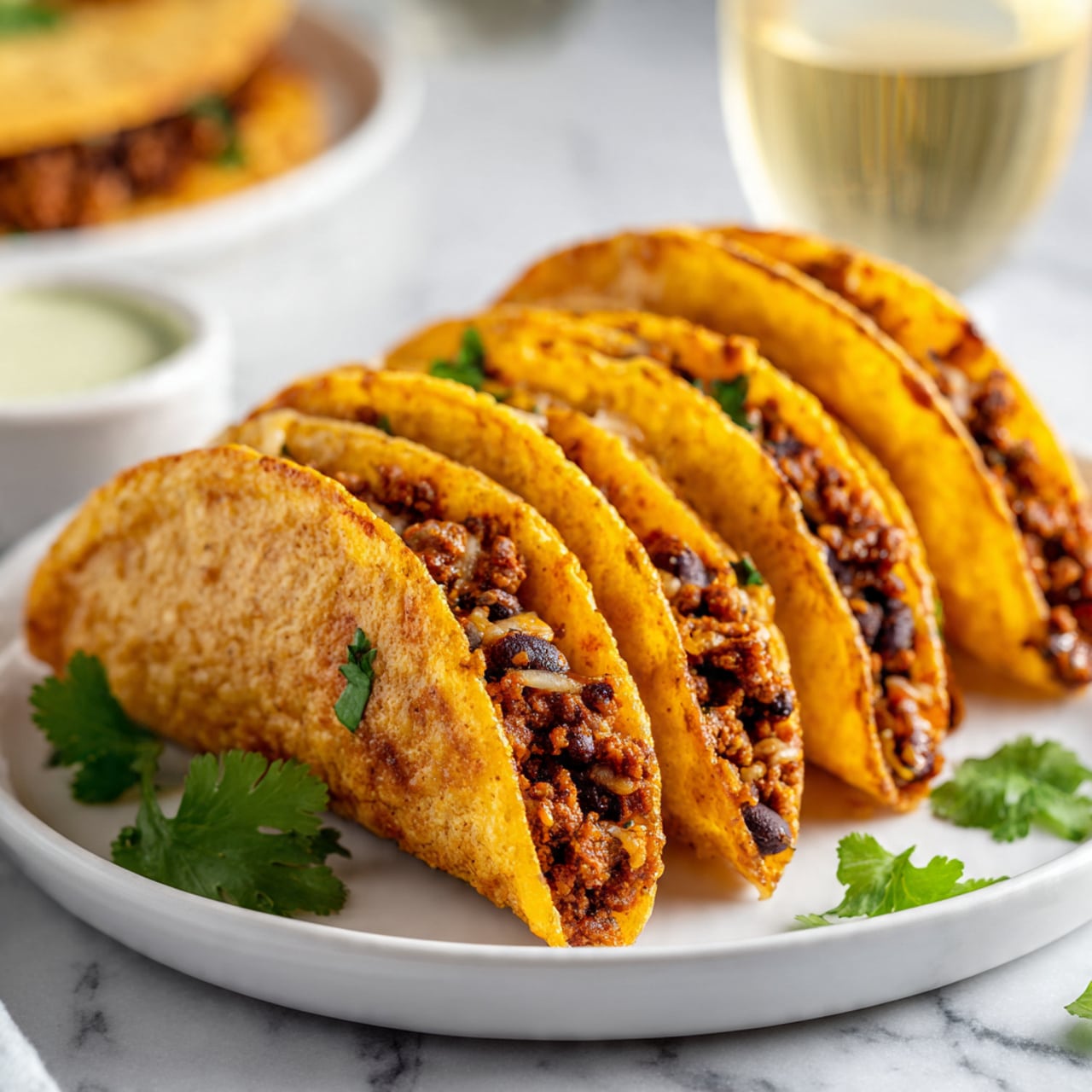 The image shows four folded tortillas filled with a dark brown and black bean mixture, arranged in a semi-circle on a white plate. The tortillas are lightly toasted to a golden brown with slightly crispy edges. Each tortilla is drizzled with a thick, pale green sauce that looks creamy and speckled with herbs. A small, white bowl filled with the same green sauce and a silver spoon sits on the plate's right side. Fresh green cilantro leaves are scattered on and around the plate. The plate rests on a white marbled surface. photo taken with an iphone --ar 4:5 --v 7