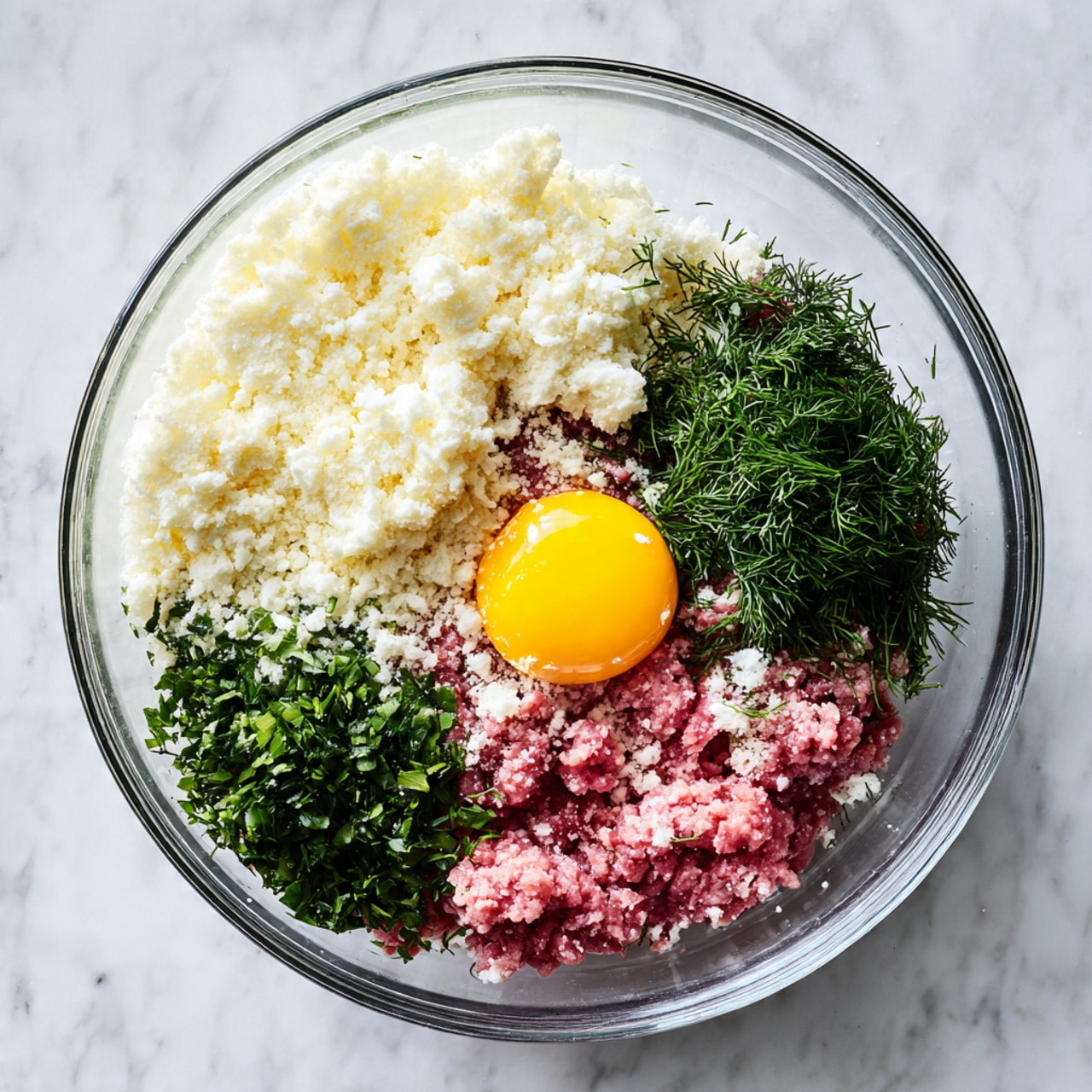 In a clear glass bowl on a white marbled surface, there is a mix of raw ingredients layered close together. At the base, there is pink ground meat visible. On top of the meat, an uncooked egg with a bright yellow yolk and clear egg white sits near the center. Around the egg, there is a large heap of white, crumbly cheese on one side. On the opposite side, there is a pile of chopped dark green leafy herbs, and some finely chopped light green dill is sprinkled nearby. The different textures and colors—pink meat, bright yellow egg, white cheese, and green herbs—create a vivid mix of fresh ingredients ready to be combined photo taken with an iphone --ar 4:5 --v 7