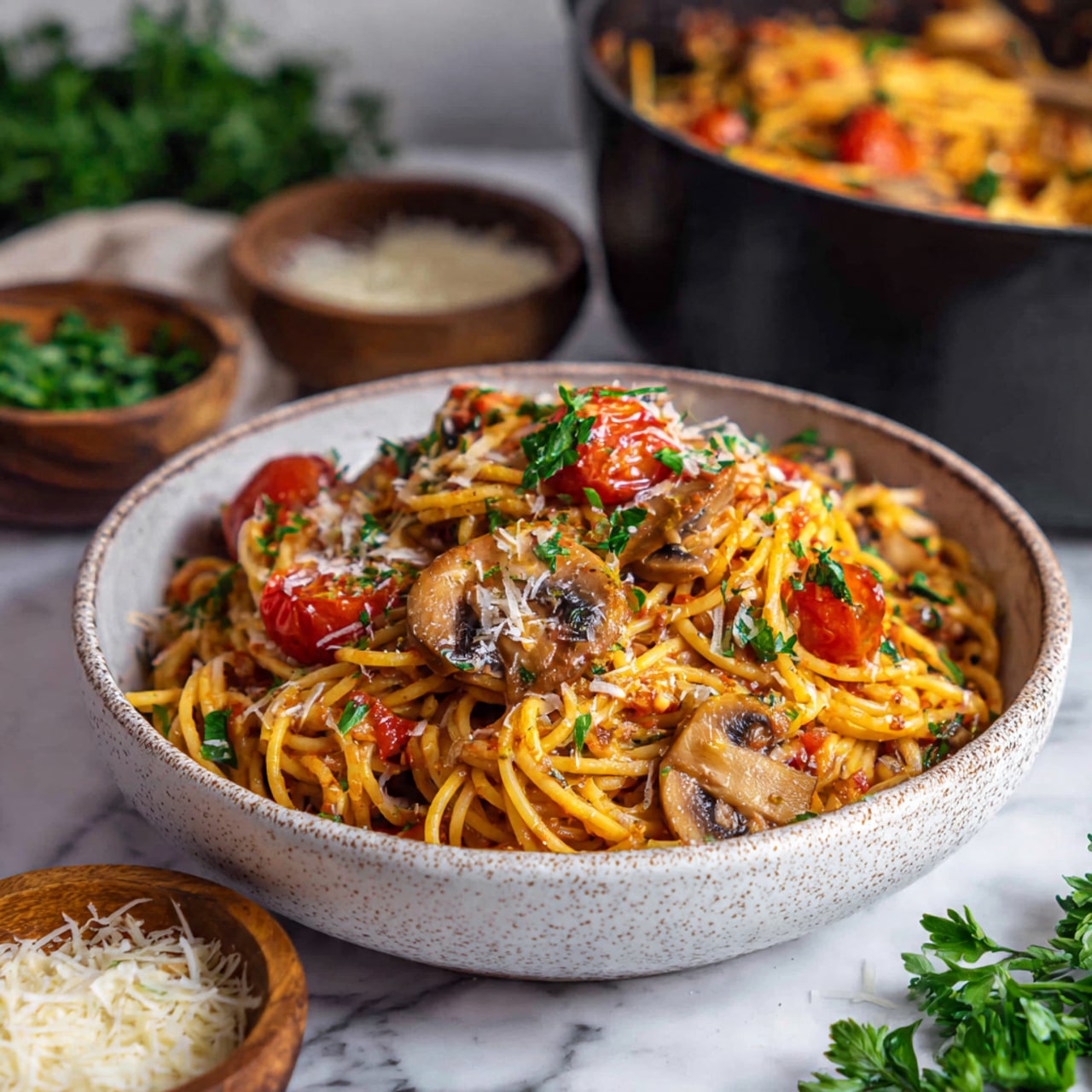A round white speckled bowl filled with a serving of spaghetti mixed with tomato sauce, sliced mushrooms, and halved cherry tomatoes. The pasta is topped with grated cheese and scattered fresh green parsley leaves. Behind and to the right of the bowl is a large black pot also containing the same spaghetti mixture. To the left, two small brown wooden bowls hold additional grated cheese and chopped herbs on a white marbled surface. The colors are warm with reds, browns, and greens standing out against the neutral bowl and background. Photo taken with an iphone --ar 4:5 --v 7