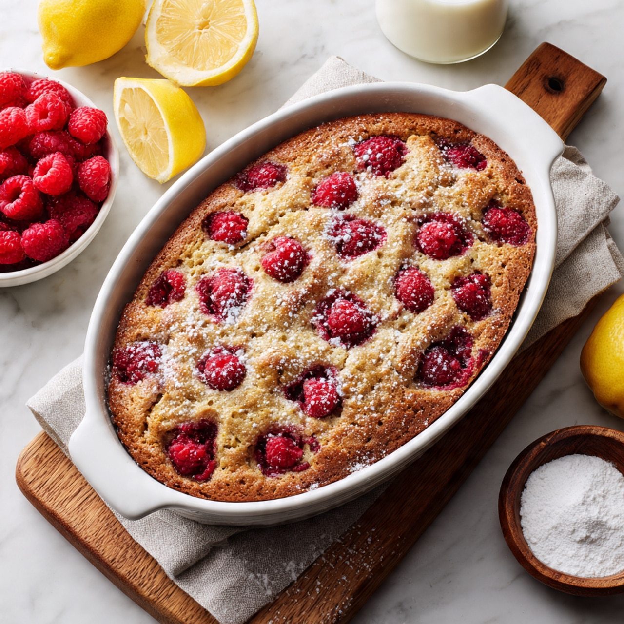 A square bar of oat and raspberry bake sits on a small white plate. The bar has two visible layers: a golden, crumbly oat base mixed with oats and raspberries that add bright red spots through the textured slice. The raspberry pieces look juicy and soft, slightly embedded in the oat mix. The plate rests on a white marbled surface with a blurred background showing a white bowl filled with more raspberries, two whole yellow lemons, and a tall bottle of milk. There is also a single raspberry placed nearby on the surface. photo taken with an iphone --ar 4:5 --v 7