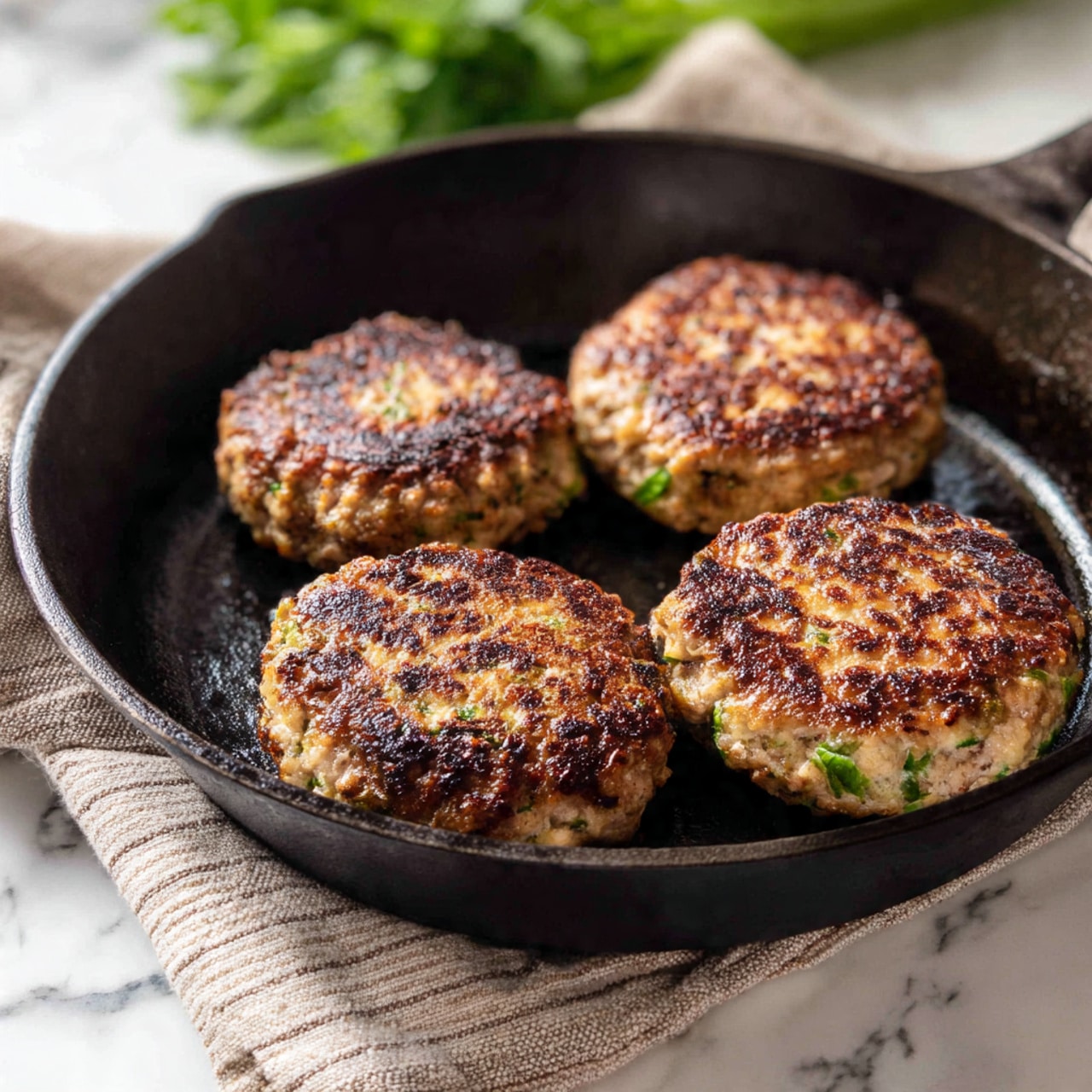 Four cooked patties with golden brown and crispy spots lie inside a dark cast iron pan. Each patty shows visible bits of green herbs mixed into the light brown meat, giving a textured, slightly uneven surface. The pan sits on a beige towel with a ribbed pattern, placed on a white marbled surface, with some leafy greens blurred in the background. Photo taken with an iphone --ar 4:5 --v 7
