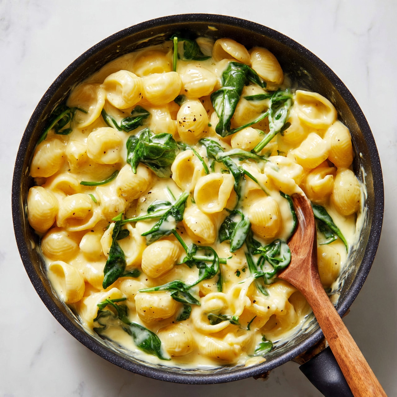 A close-up of a black frying pan filled with creamy yellow cheese sauce mixed with pale yellow elbow macaroni pasta and fresh green spinach leaves, some spinach partially covered by the cheese sauce, along with a wooden spoon partially visible on the right side stirring the mixture, all set on a white marbled surface photo taken with an iphone --ar 4:5 --v 7