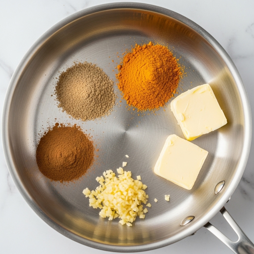 Inside a shiny silver pan sitting on a white marbled surface, there are four small piles: two light yellow chunks of butter on the right, a small heap of finely chopped light yellow garlic at the bottom, a pile of brown cinnamon powder on the bottom left, a heap of light brown ground spice on the top left, and a pile of bright orange powder spice on the top right. The pan is clean and the spices stand out clearly for mixing photo taken with an iphone --ar 4:5 --v 7