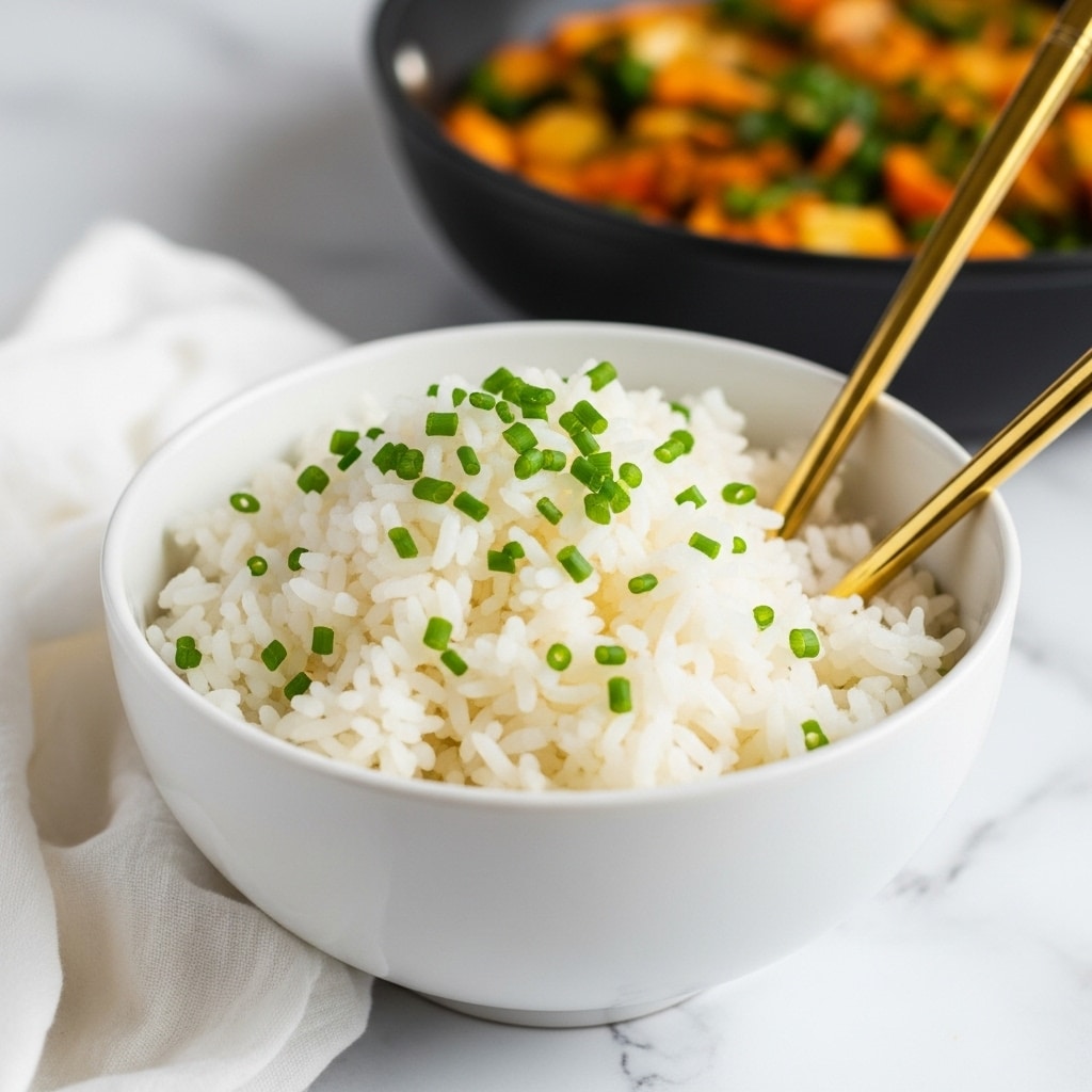 A large white bowl filled with fluffy, cooked white rice that shows separate grains with a soft, slightly shiny texture. Above and slightly behind the bowl, a smaller white bowl contains coarse salt with a rough texture. To the left, a white container with a white lid is visible. Pieces of fresh green leaves lie on the white marbled surface to the right, and the bottom right corner shows a crumpled white cloth. The whole scene is bright and clean, with soft natural light highlighting the textures. photo taken with an iphone --ar 4:5 --v 7