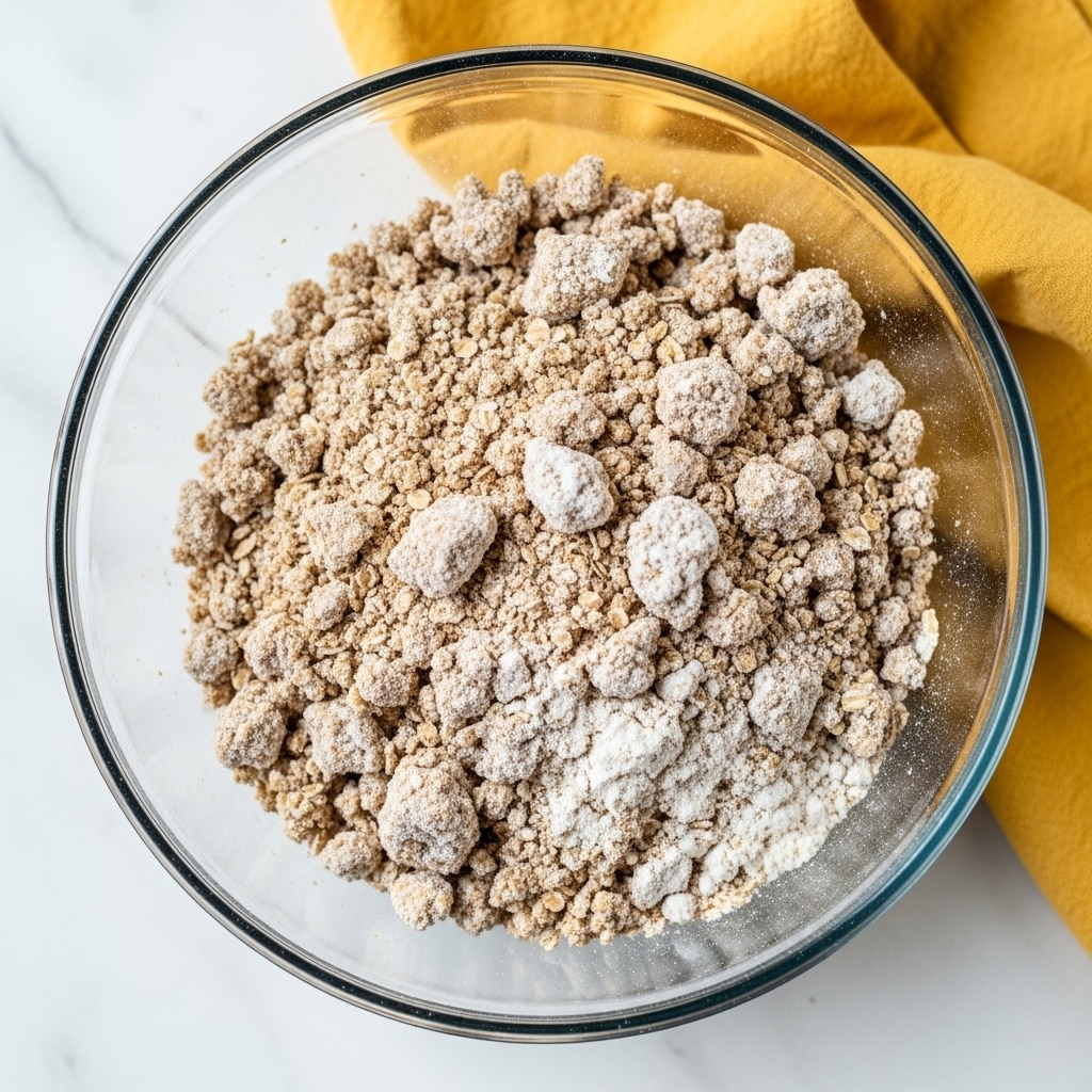 A clear glass bowl filled with a mixture of light brown crumbly oats and flour, showing a rough texture with small chunks and powdery bits throughout. The bowl is placed on a white marbled surface, and a soft yellow cloth sits near the top right side of the bowl, adding a warm color contrast. The lighting is soft and natural, highlighting the mixture's grainy texture. Photo taken with an iphone --ar 4:5 --v 7