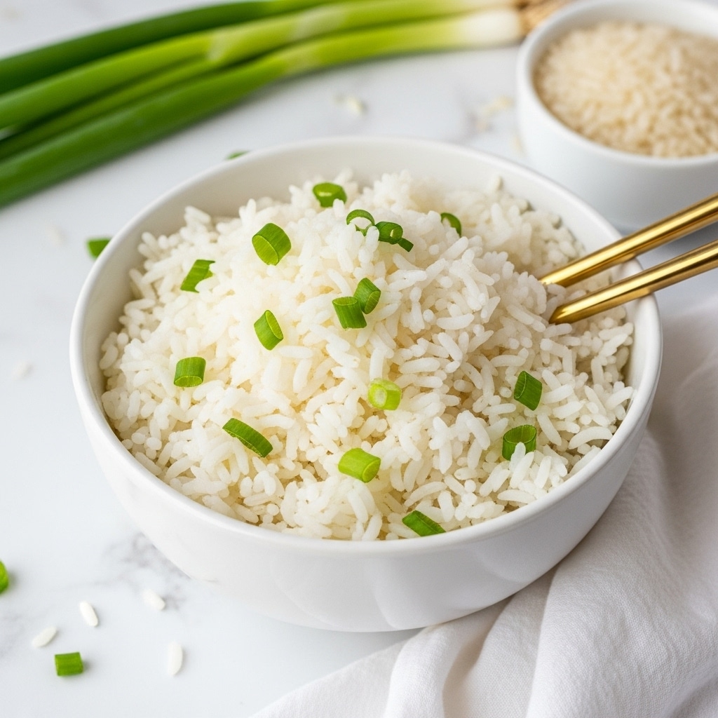 A white bowl filled with soft, fluffy white rice, topped with small pieces of green chopped scallions scattered lightly on top. Two gold chopsticks are placed diagonally inside the rice, slightly lifting some grains. The bowl sits on a white marbled surface with a white cloth napkin partially visible at the bottom right. In the background, there are fresh green scallion stalks and a small white bowl filled with uncooked rice grains. Photo taken with an iphone --ar 4:5 --v 7