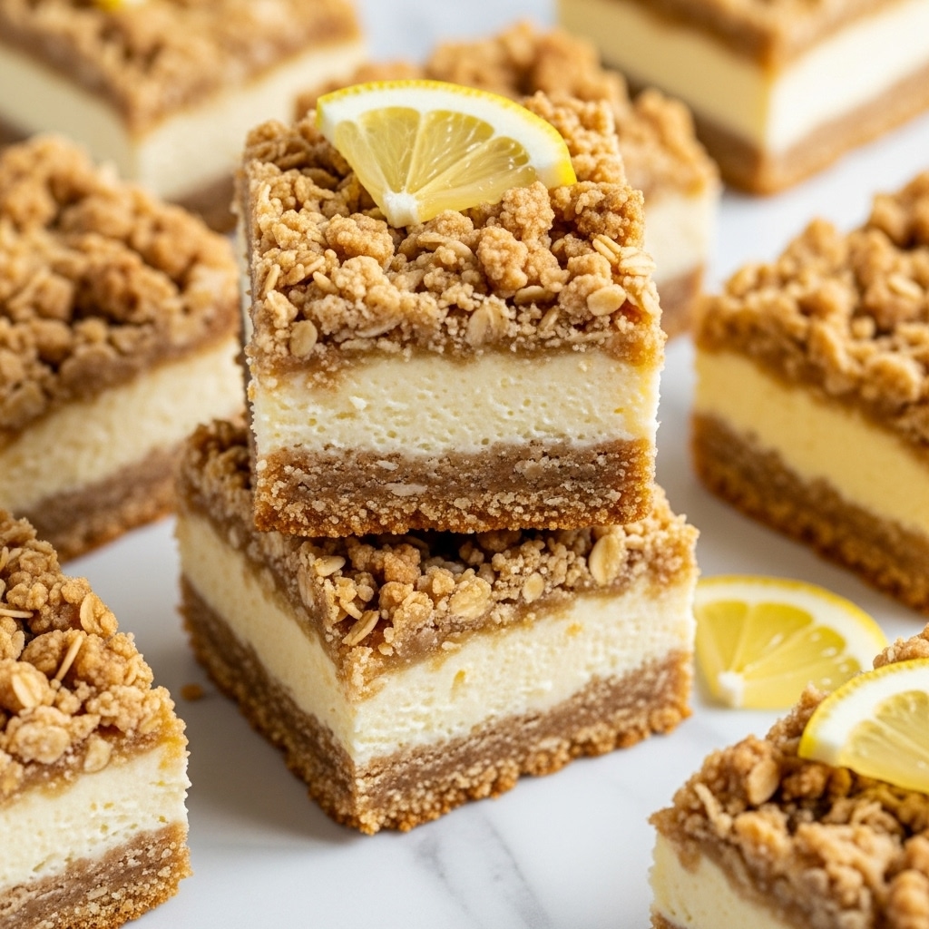 Two stacked square lemon crumb bars are shown on a white plate. Each bar has three layers: a golden brown crumbly oat topping, a pale yellow creamy lemon filling in the middle, and a darker golden brown crunchy base. A small lemon wedge is placed on the plate next to the bars. The background is a soft focus white marbled texture. Photo taken with an iphone --ar 4:5 --v 7