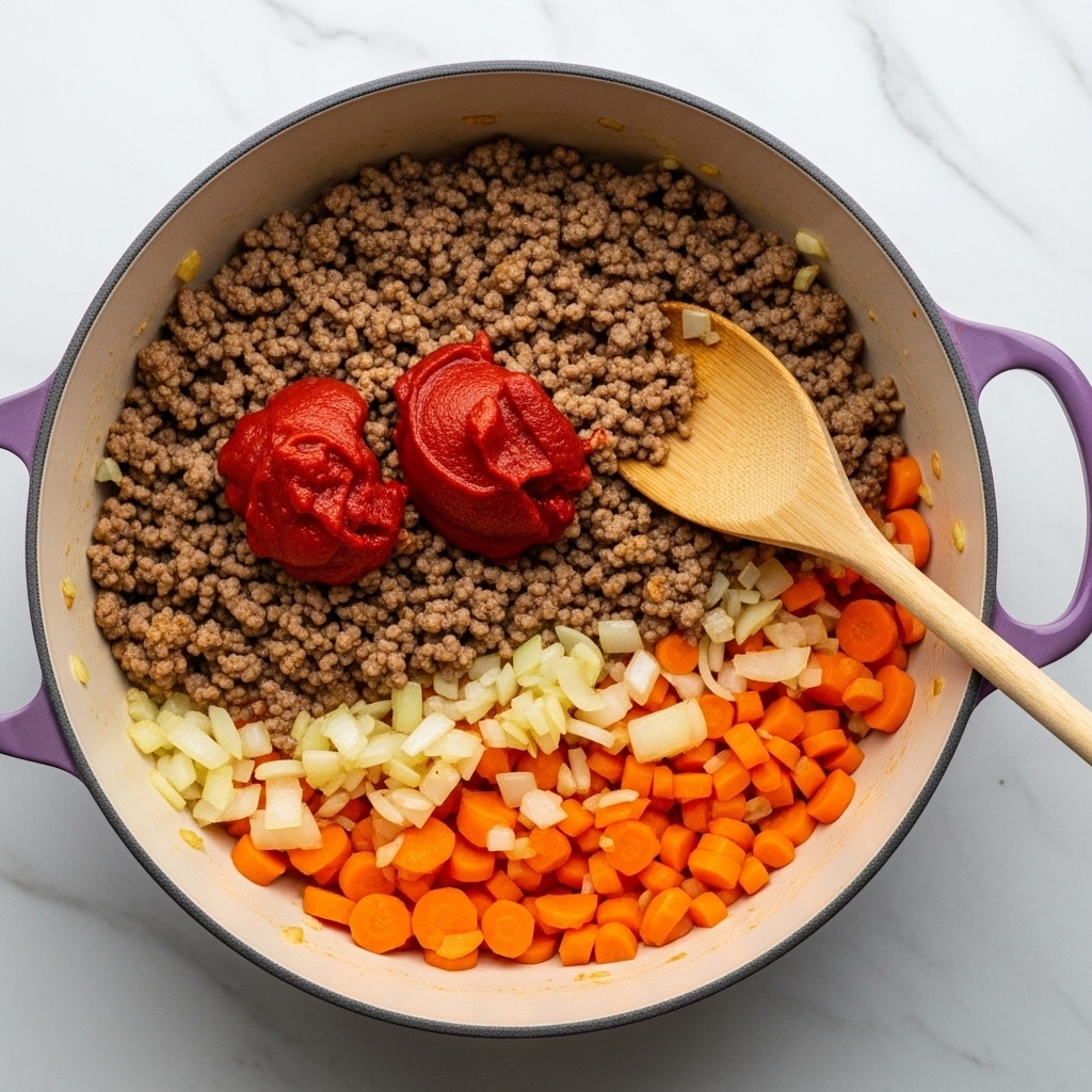 A top view of a purple cooking pot filled with three layers: the bottom layer is small orange carrot pieces and light yellow onion chunks, the middle layer is a mix of brown cooked ground meat, and the top layer has two bright red tomato paste dollops in the center. A wooden spoon with a smooth texture rests inside the pot, partially in the mixture. The pot sits on a white marbled surface. photo taken with an iphone --ar 4:5 --v 7
