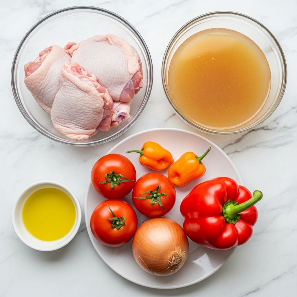The image shows several ingredients arranged on a white marbled surface. On the top left, there is a clear bowl with raw chicken thighs that are pale pink with some white skin visible. To the right of it, there is another clear bowl filled with light brown chicken stock. Below these bowls, there is a white plate holding three red tomatoes, one small orange habanero pepper, a large red bell pepper, and a brown onion. To the bottom left of the plate, there is a small white bowl filled with yellow olive oil. Each ingredient is labeled with white text on the image. photo taken with an iphone --ar 4:5 --v 7