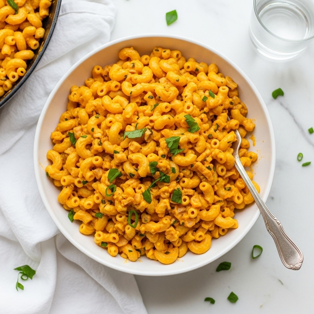 A white pot filled with a creamy macaroni dish showing three main layers: a base of tender elbow macaroni in a thick orange cheese sauce, mixed throughout with small pieces of light brown cooked meat and bits of green herbs and tiny orange carrot pieces, topped lightly with sprinkles of fresh bright green chopped herbs. A wooden spoon is inside the pot lifting a scoop of the macaroni mix, showing the rich creamy texture and mixed ingredients, all against a white marbled surface. photo taken with an iphone --ar 4:5 --v 7