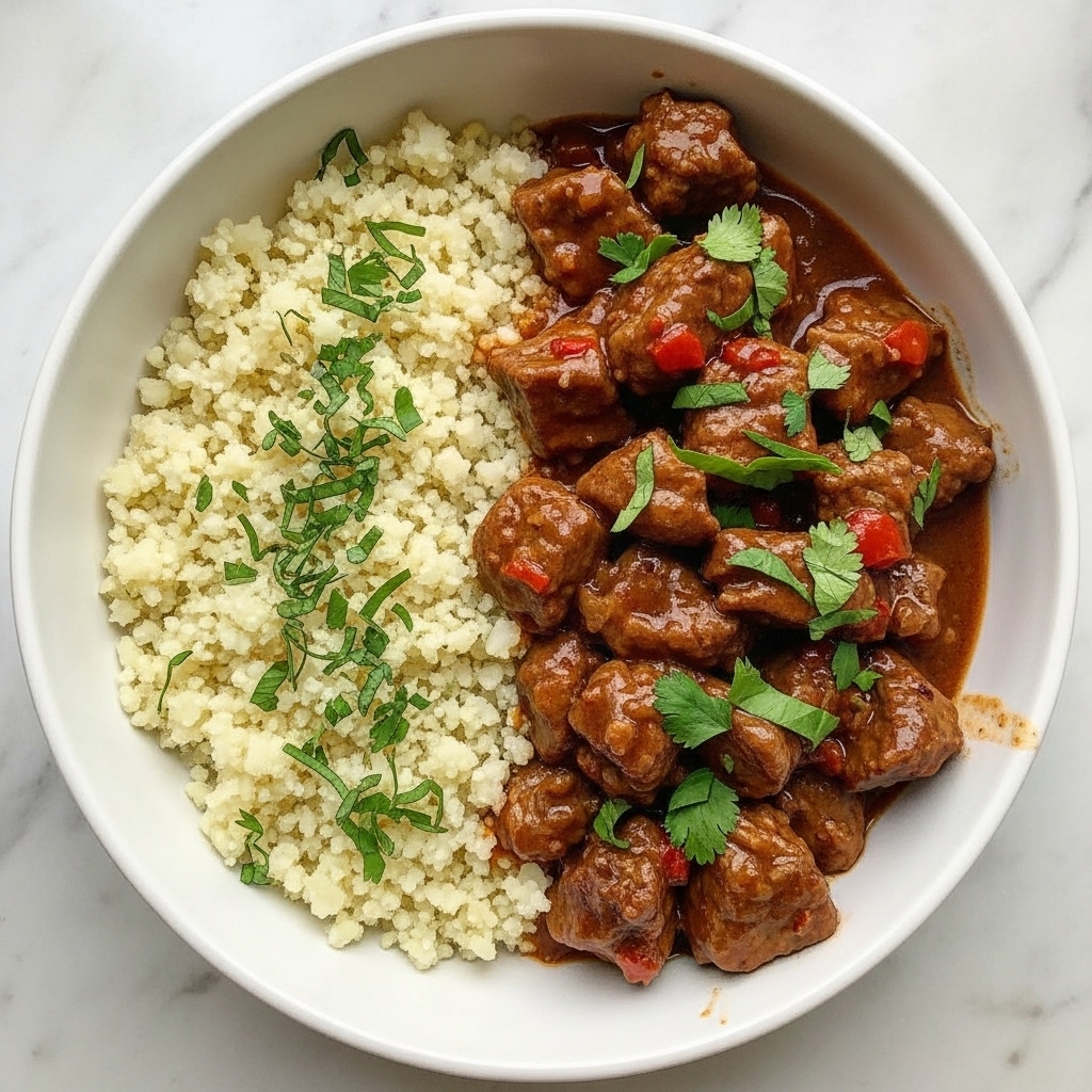 A white bowl filled with a rich, brown stew containing chunky pieces of meat covered in thick sauce. The stew has a smooth yet textured look, and it is topped with small, fresh green herb leaves. The background shows a white marbled surface with a blurred white bowl of plain rice in the upper left area. The lighting highlights the glossy texture of the sauce and the fresh green of the herbs, making the dish look warm and inviting. Photo taken with an iphone --ar 4:5 --v 7