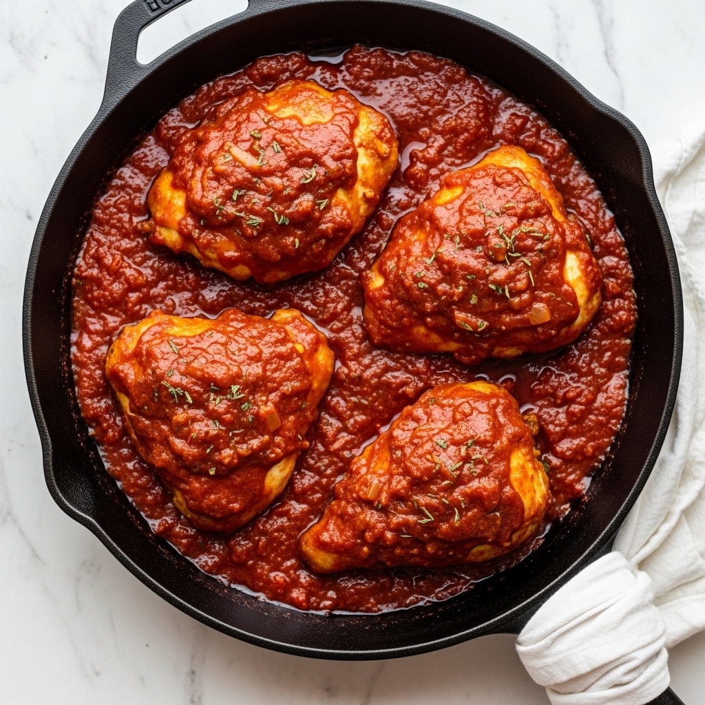 The image shows a white plate with two main layers: on the left, a mound of light, fluffy white rice with a soft, grainy texture, and on the right, two pieces of chicken covered in a thick, red-orange sauce with a rich, glossy texture. The sauce looks dense and chunky, coating the chicken fully and spreading slightly onto the rice. The plate sits on a white marbled surface, and in the background, a cast iron skillet with more chicken in red sauce is visible. Photo taken with an iphone --ar 4:5 --v 7