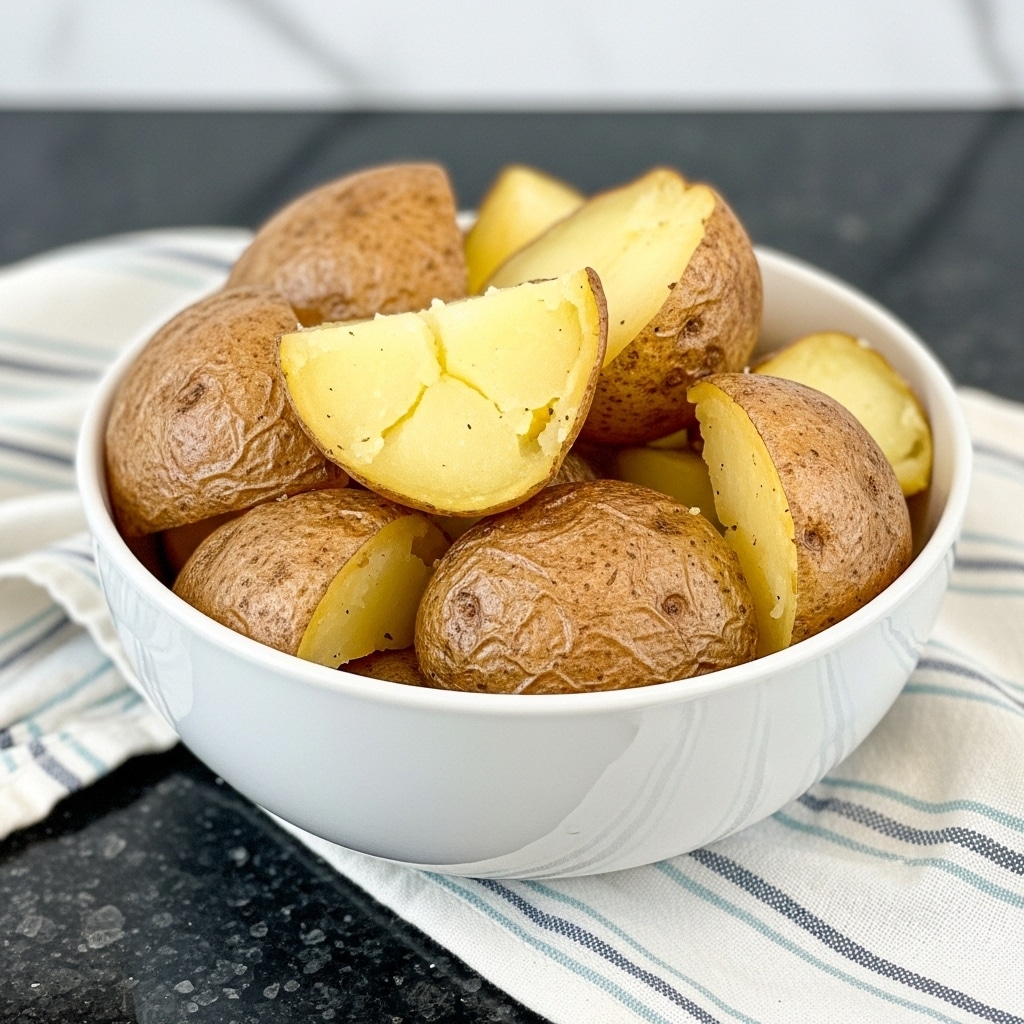 A white bowl contains large, uneven chunks of cooked potatoes with brown skin still on, showing a rough texture and pale yellow inside. A white pot with a black rim is tilted above the bowl, with a woman's hand holding a wooden spatula near the edge. The scene is set on a dark, speckled countertop partially covered with a striped cloth and a white marbled surface visible in the background. Photo taken with an iphone --ar 4:5 --v 7