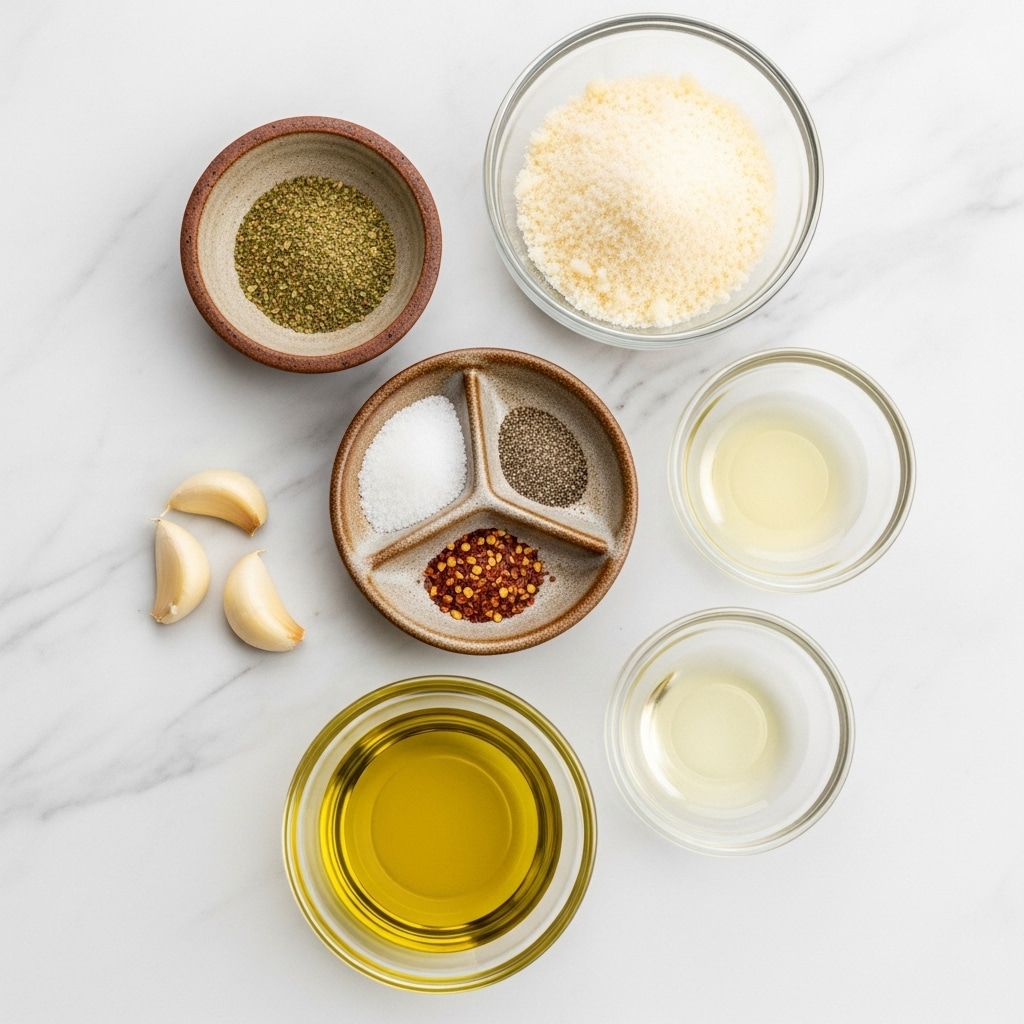 The image shows seven small glass and ceramic bowls arranged on a white marbled surface, each holding different ingredients. At the top right, a clear glass bowl is filled with white, finely grated Parmesan cheese. Below it and slightly to the left, a small rustic brown ceramic bowl holds green Italian seasoning. Further down is another small rustic brown ceramic bowl divided into three sections, containing white kosher salt, black pepper, and red pepper flakes. To the left of this bowl are two peeled garlic cloves directly on the marble. On the right side, a clear glass bowl contains a small amount of clear white wine vinegar. At the bottom left of the image, a larger clear glass bowl is filled with golden olive oil. Photo taken with an iphone --ar 4:5 --v 7
