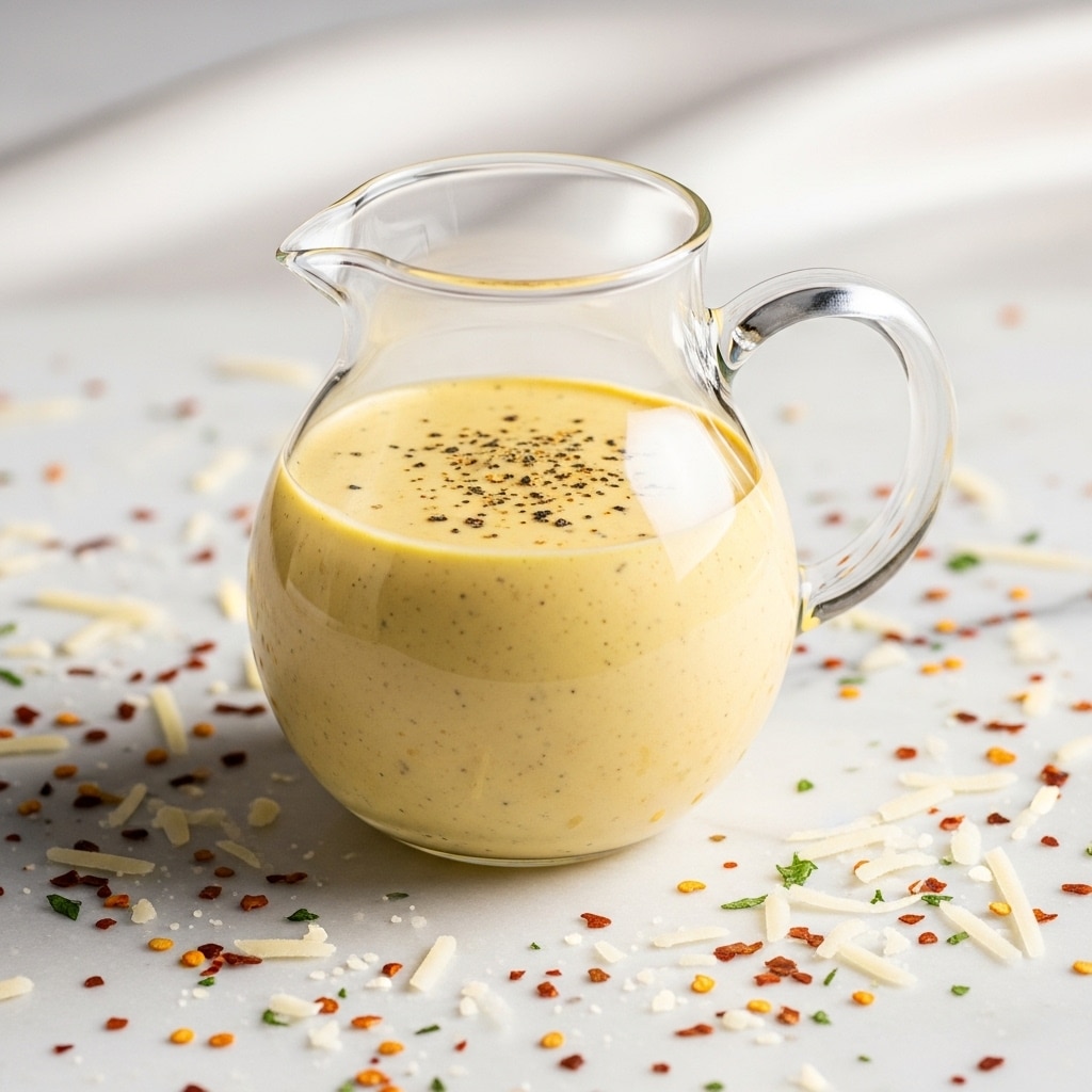 A clear glass jug filled with a thick yellow sauce that has small black and red specks mixed throughout. The jug sits on a white plate, both placed on a white marbled surface. Behind the jug, a small piece of light yellow cheese lies on the surface with some scattered black peppercorns around. Photo taken with an iphone --ar 4:5 --v 7