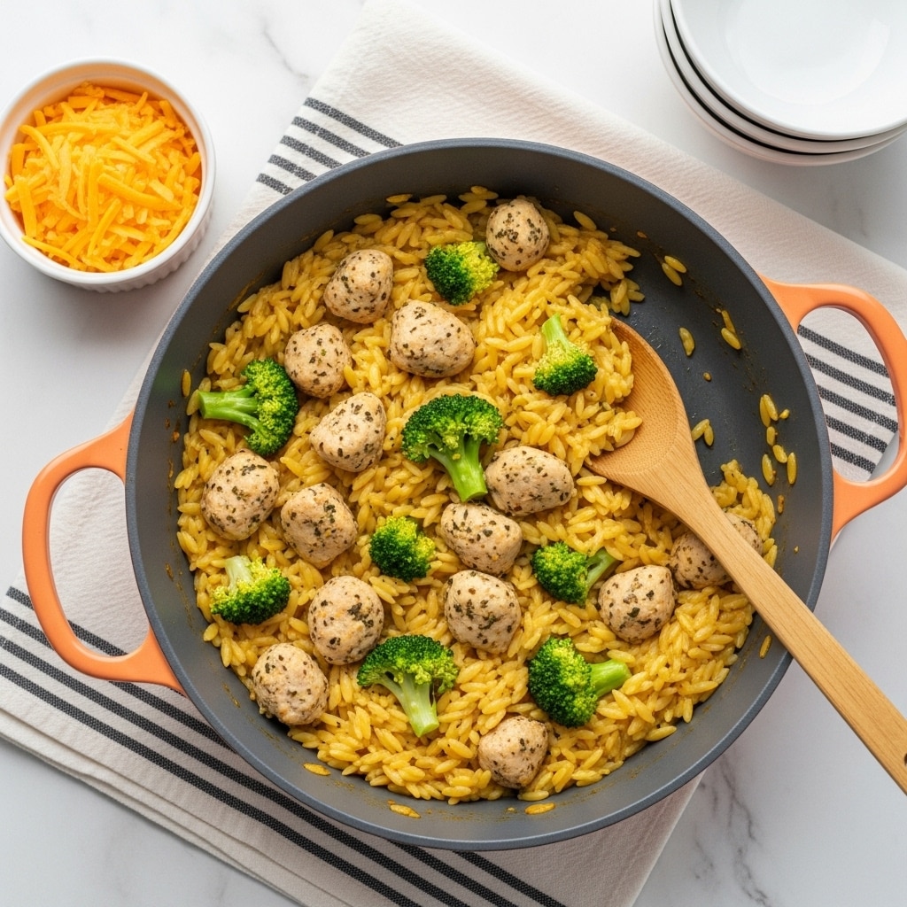 A white bowl is filled with a creamy dish made of light yellow orzo pasta, bright green broccoli florets, and small pieces of seasoned light brown chicken. The orzo looks soft with a slight shine, mixed evenly with the broccoli and chicken. On top, there are small strips of orange cheddar cheese scattered, adding color contrast. The bowl sits on a white marbled surface next to a striped white cloth and a metal spoon. Part of a large pan with more of the same dish is seen in the upper part of the image. Photo taken with an iphone --ar 4:5 --v 7