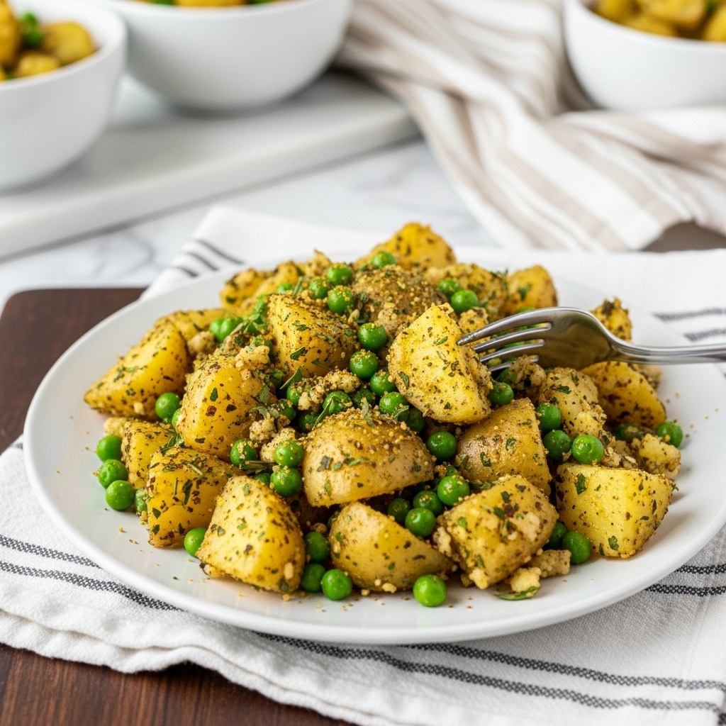 The image shows a white bowl filled with three layers: the bottom layer is bright green peas with a smooth texture, the middle layer consists of soft yellow potato chunks with a slight golden brown seasoning on the edges, and the top layer has small bits of crushed spices and chopped green herbs scattered across the potatoes. A silver fork is picking up a piece of potato from the bowl. In the background, other white bowls with food are slightly out of focus, placed on a white marbled surface with a beige striped cloth partially visible. photo taken with an iphone --ar 4:5 --v 7