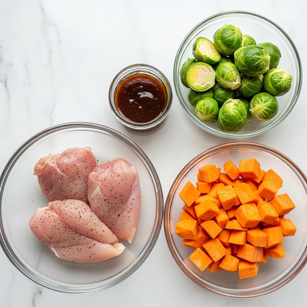 The image shows three clear glass bowls on a white marbled surface. The first bowl at the bottom left contains three pieces of raw pale pink chicken meat seasoned with black pepper. The second bowl at the bottom right is filled with orange cubes of sweet potato. The third bowl at the top right holds halved green Brussels sprouts. Between the bowls, there is a small open jar filled with a dark brown sauce, positioned above the sweet potatoes. Photo taken with an iphone --ar 4:5 --v 7