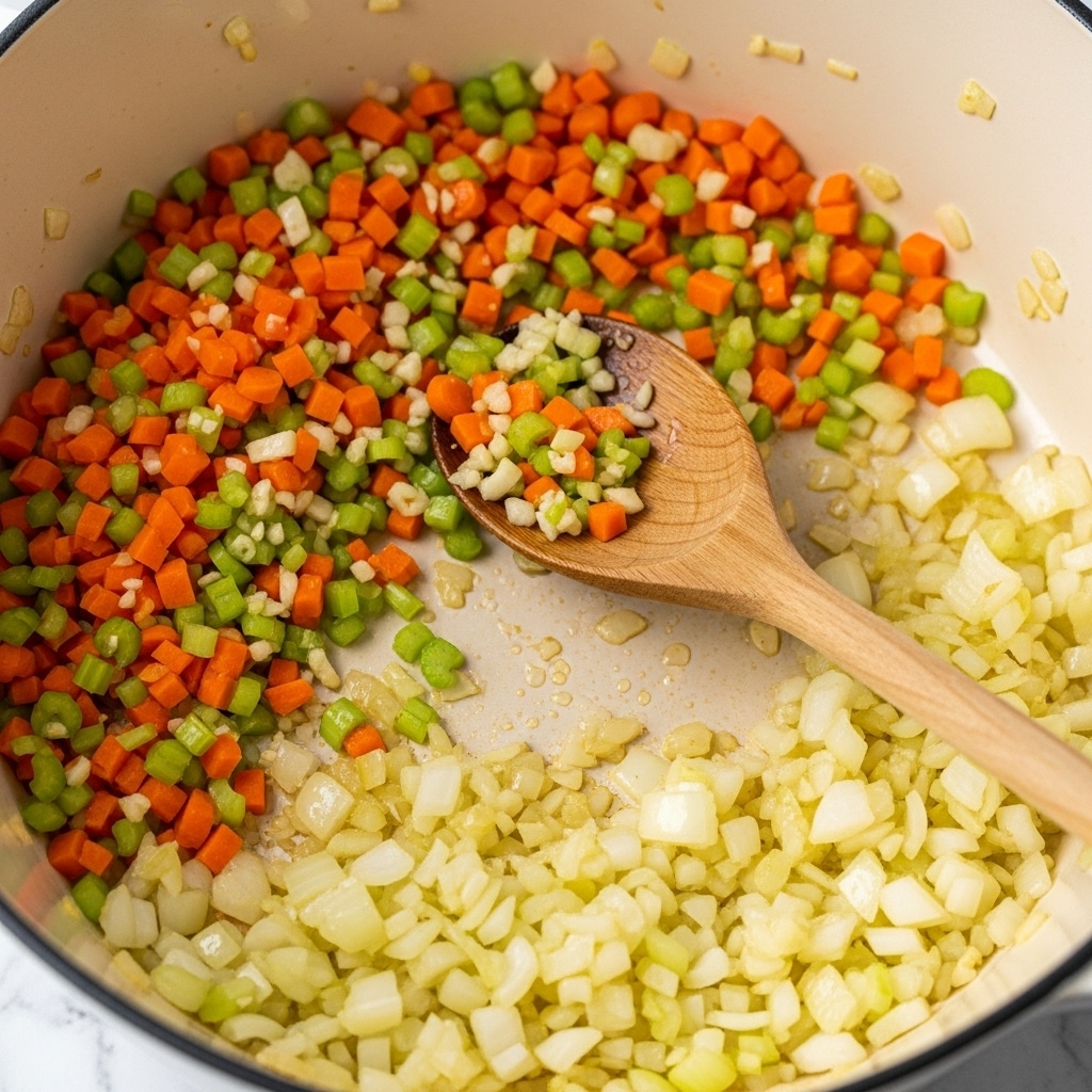 The image shows a close-up of a ladle filled with tortellini soup held above a large white pot. The soup contains three main layers: the tortellini pasta with a pale yellow-white color and soft texture, the bright orange-red broth with a smooth slightly oily surface, and scattered vibrant green leafy vegetables mixed throughout. Visible small pieces of orange carrot and translucent diced onions float in the broth. The ladle is dark-colored with a reflective surface, and the pot beneath it is white with a glossy finish, sitting on a white marbled surface. Photo taken with an iphone --ar 4:5 --v 7