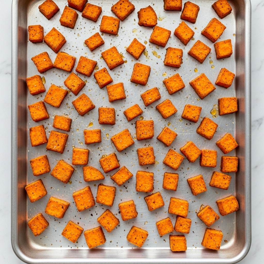 A silver metal baking tray filled with small, evenly cut squares of roasted sweet potatoes scattered all over the surface. The sweet potato pieces are bright orange with a slightly crispy texture and light spices sprinkled on them. The tray shows some signs of use with minor browned marks. The background is a white marbled surface. photo taken with an iphone --ar 4:5 --v 7