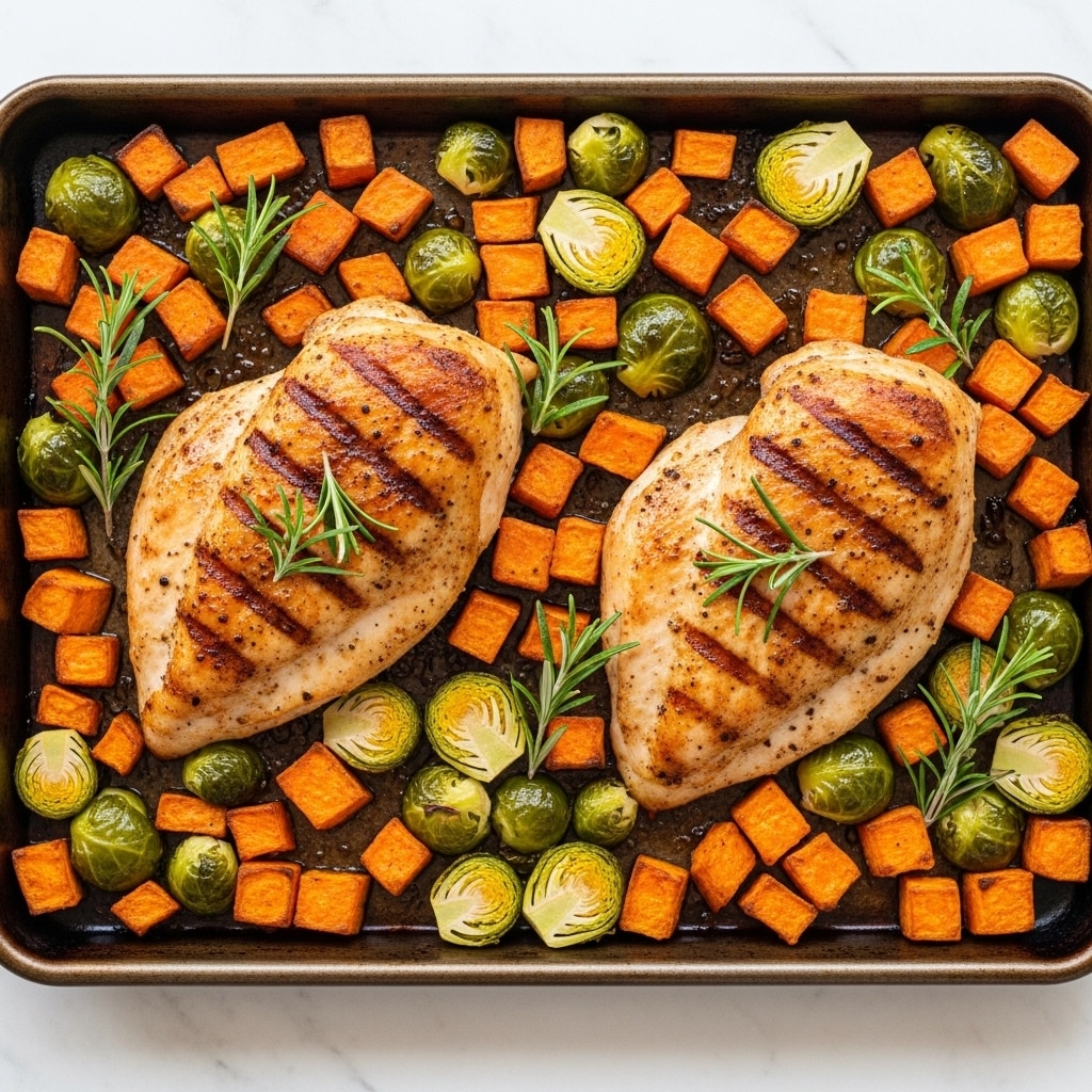 A baking tray filled with two large pieces of cooked chicken with a golden brown surface showing slight grill marks, surrounded by bright orange cubes of roasted sweet potatoes and halved green Brussels sprouts with some edges browned. Small sprigs of fresh green rosemary are scattered over the tray adding a touch of color. The tray is placed on a white marbled surface. photo taken with an iphone --ar 4:5 --v 7