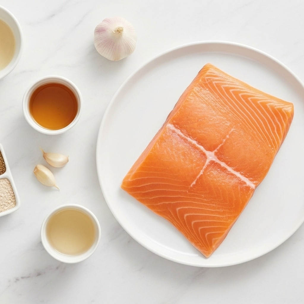 A large, fresh piece of orange-pink salmon with white lines lies flat in the center of a white plate, showing smooth and slightly shiny texture. Around the plate are small white bowls containing different ingredients: one has a golden brown liquid, another has a light yellow sauce, a third bowl holds a mix of red and white spices in four sections, and one contains a clear light liquid. Two cloves of garlic are placed near the bowls, all set on a white marbled surface. photo taken with an iphone --ar 4:5 --v 7