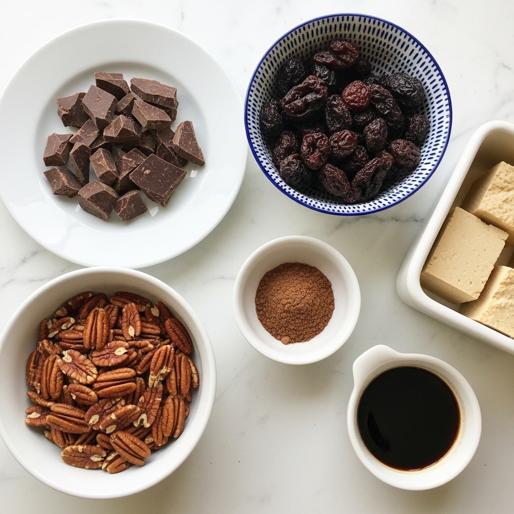 The image shows six white bowls and plates arranged on a white marbled surface. One white plate contains uneven chunks of dark chocolate. A white bowl with blue patterns holds dark brown dried fruits, looking wrinkled and soft. Another white bowl is filled with pecan nuts with their distinctive ridged texture and brown color. A small white bowl contains a dark brown powder, and another small white bowl beside it holds a dark liquid with a smooth surface. There is also a white container with blocks of pale beige color, likely some kind of solid ingredient. A woman's hand is not visible here, and the overall setting is simple and neat. photo taken with an iphone --ar 4:5 --v 7