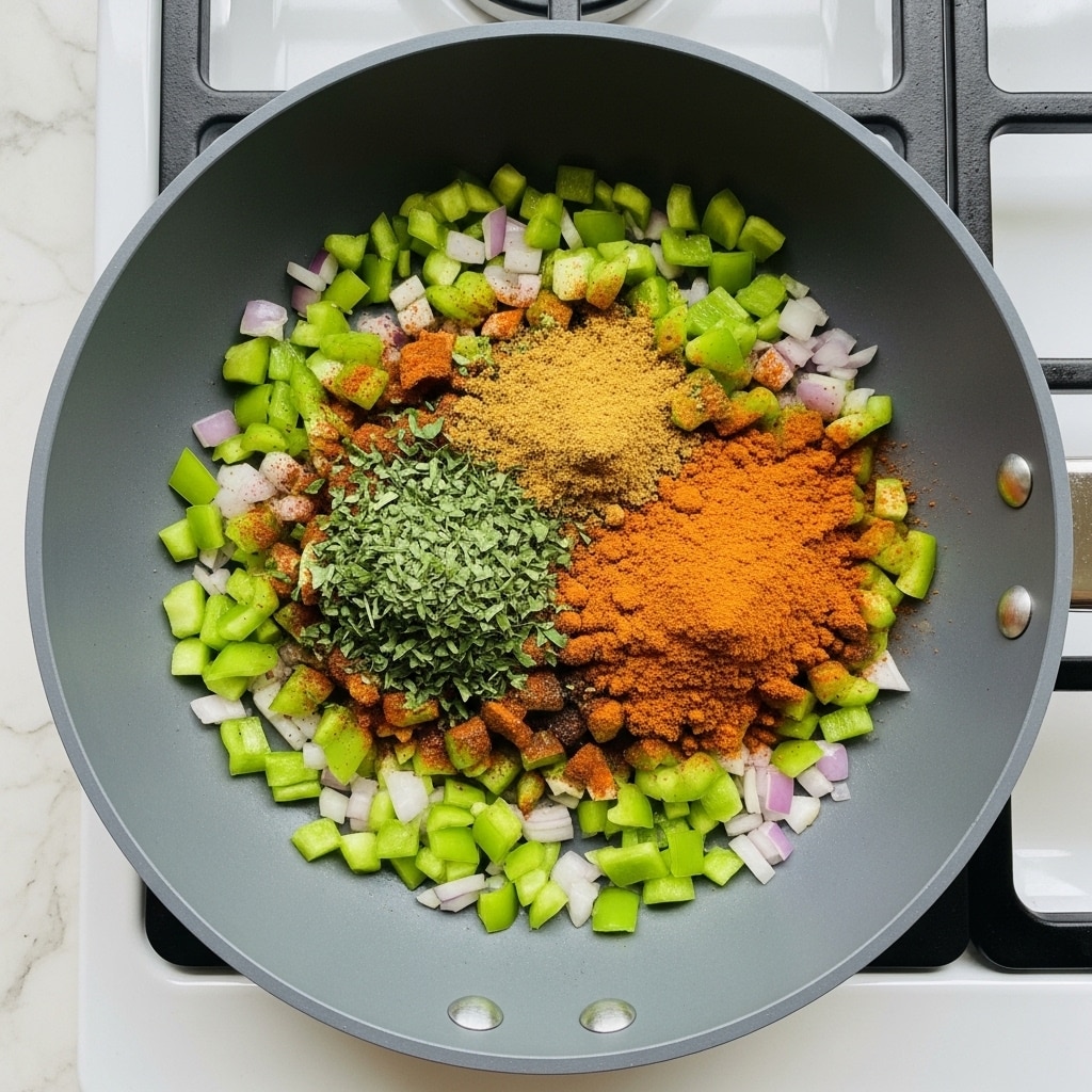 The dish shows a close-up view of a pan filled with cooked orzo pasta mixed with ground meat and finely chopped green herbs. The layers include small, glossy orzo pasta pieces in pale yellow, chunks of browned ground meat, and a scattering of bright green herbs. On top, there are thin slices of red chili pepper and a sprinkle of shredded orange cheese evenly spread, adding texture and vibrant color contrast. The pan is white, sitting on a white marbled surface. The food looks hearty and colorful, showing the mix of ingredients well. photo taken with an iphone --ar 4:5 --v 7