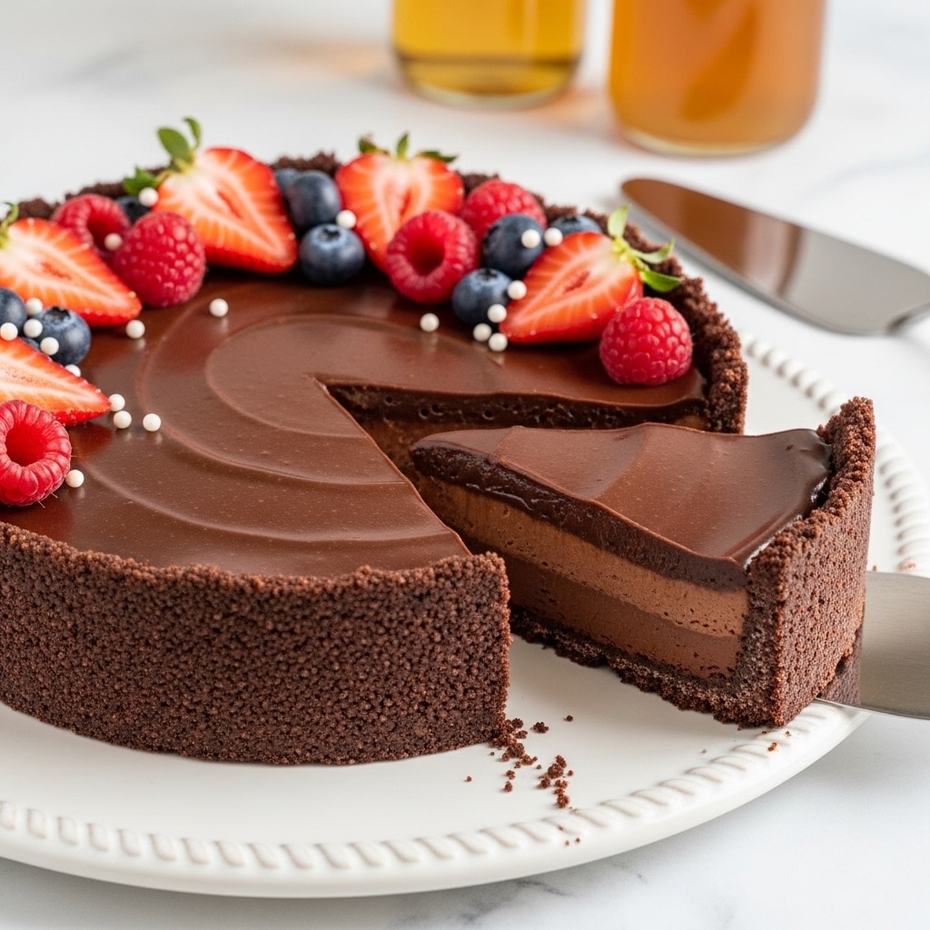 A dark chocolate tart with a thick crust forms the base, filled with a smooth, rich chocolate layer topped with an arrangement of fresh berries including halved strawberries, whole raspberries, and blueberries scattered on top. A slice is being lifted showing three layers: a firm, dark chocolate crust, a thick middle layer of dense chocolate filling, and a slightly textured chocolate mousse layer on the top. The tart sits on a white plate, placed on a white marbled surface, with a blurred background showing two glasses of chocolate drink. Photo taken with an iphone --ar 4:5 --v 7