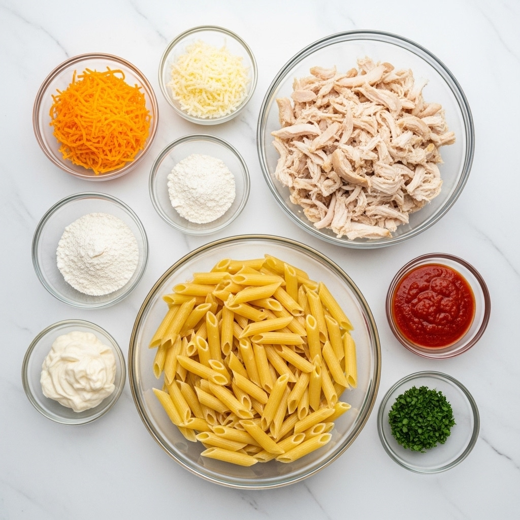 The image shows several glass bowls with different ingredients placed on a white marbled surface. The largest bowl at the bottom contains cooked penne pasta with a pale yellow color. Above and to the right is a smaller bowl filled with shredded chicken in white and light brown tones. Surrounding these two main bowls are smaller glass bowls with various ingredients: finely shredded orange cheese, white shredded cheese, a white powder likely to be flour, a creamy white sauce, another similar creamy white ingredient, a small bowl of green chopped herbs, and a small bowl of red sauce. The overall scene is clean and neatly arranged, ready for cooking. photo taken with an iphone --ar 4:5 --v 7