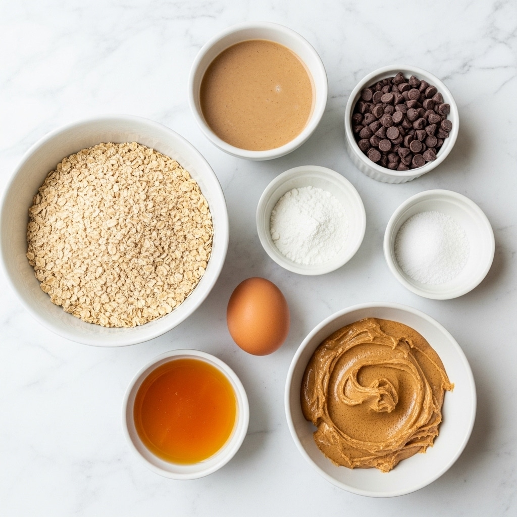 The image shows seven ingredients arranged on a white marbled surface. There is a large white bowl filled with pale beige oats on the left. Above it, there is a medium white bowl holding a thick, light brown liquid. To its right, a small white bowl is filled with dark brown chocolate chips. Below, there is a small white bowl with white powder and next to it a small white bowl with coarse white salt. Below the oats bowl, another small white bowl holds a golden amber liquid. A single light brown egg is placed between the golden liquid bowl and a medium white bowl with thick, tan almond butter that has some visible texture. The arrangement is neat and bright, showing all ingredients clearly, photo taken with an iphone --ar 4:5 --v 7