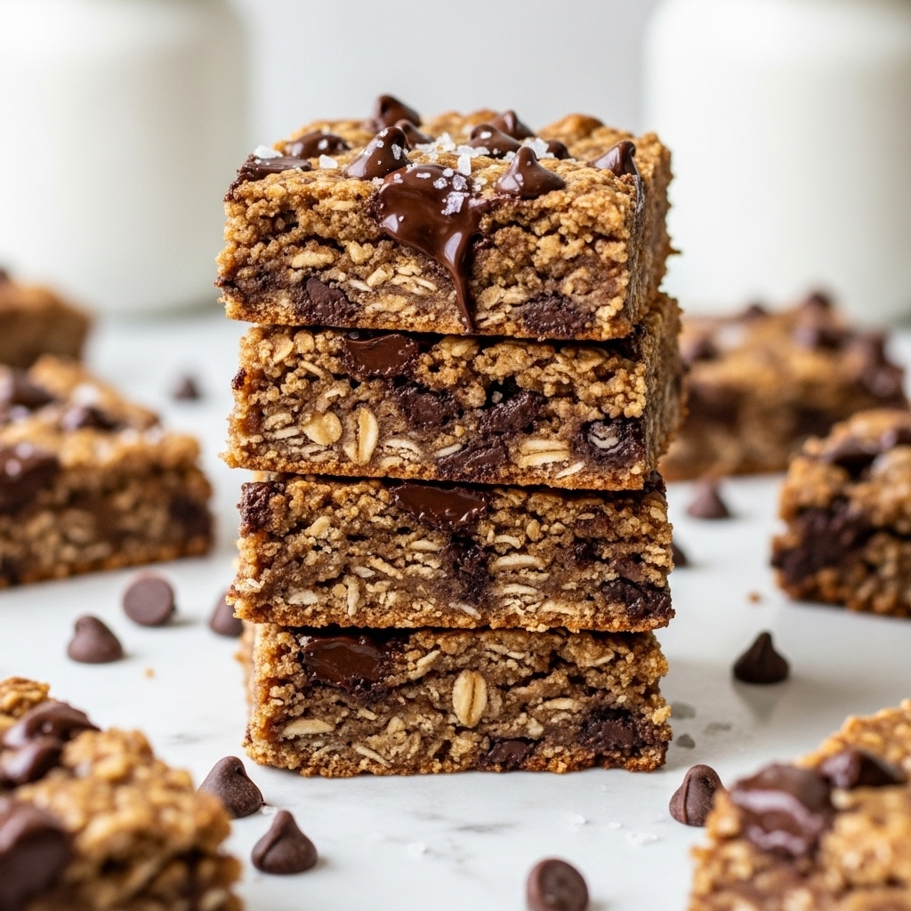 A stack of four thick, chewy oatmeal chocolate chip bars sits on a white marbled surface. Each bar shows a dense, crumbly texture with visible oats and melted dark chocolate chunks spread throughout, giving a rich brown and golden color mix. The top bar has chocolate chips slightly melted and sprinkled with a few flakes of coarse salt, adding texture and shine. Around the stack, a few more bars and scattered chocolate chips rest on the surface, with two blurred white jars in the background. Photo taken with an iphone --ar 4:5 --v 7