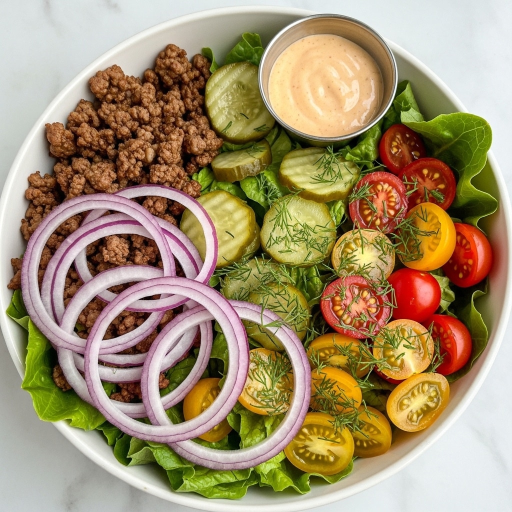 A white bowl is filled with fresh green lettuce as the base layer, topped with browned crumbled cooked meat scattered mainly on one side, drizzled with a light beige creamy sauce. On one side sits thinly sliced cucumber rounds also drizzled with the same sauce. Brightly colored halved cherry tomatoes in red and yellow rest near the front of the bowl, sprinkled with small green herb bits. Thin rings of purple onion are stacked on the side near a small metal cup filled with the creamy beige dressing. The bowl sits on a white marbled surface. photo taken with an iphone --ar 4:5 --v 7
