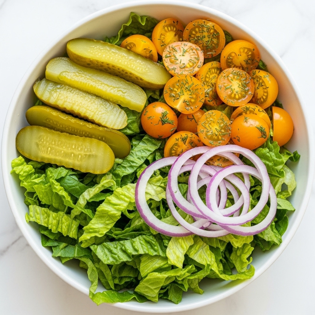 A white bowl filled with fresh salad sits on a white marbled surface. The bottom layer is a bed of bright green chopped lettuce with visible veins and crisp texture. On the left side, there are five wavy-edged, pale green pickle slices stacked over the lettuce. On the right side, there are halved yellow cherry tomatoes with shiny skins sprinkled with small green dill pieces. Below the tomatoes, a few thin, translucent rings of light purple onion rest on top of the lettuce. The colors are vibrant and fresh, showing the different textures clearly. Photo taken with an iphone --ar 4:5 --v 7