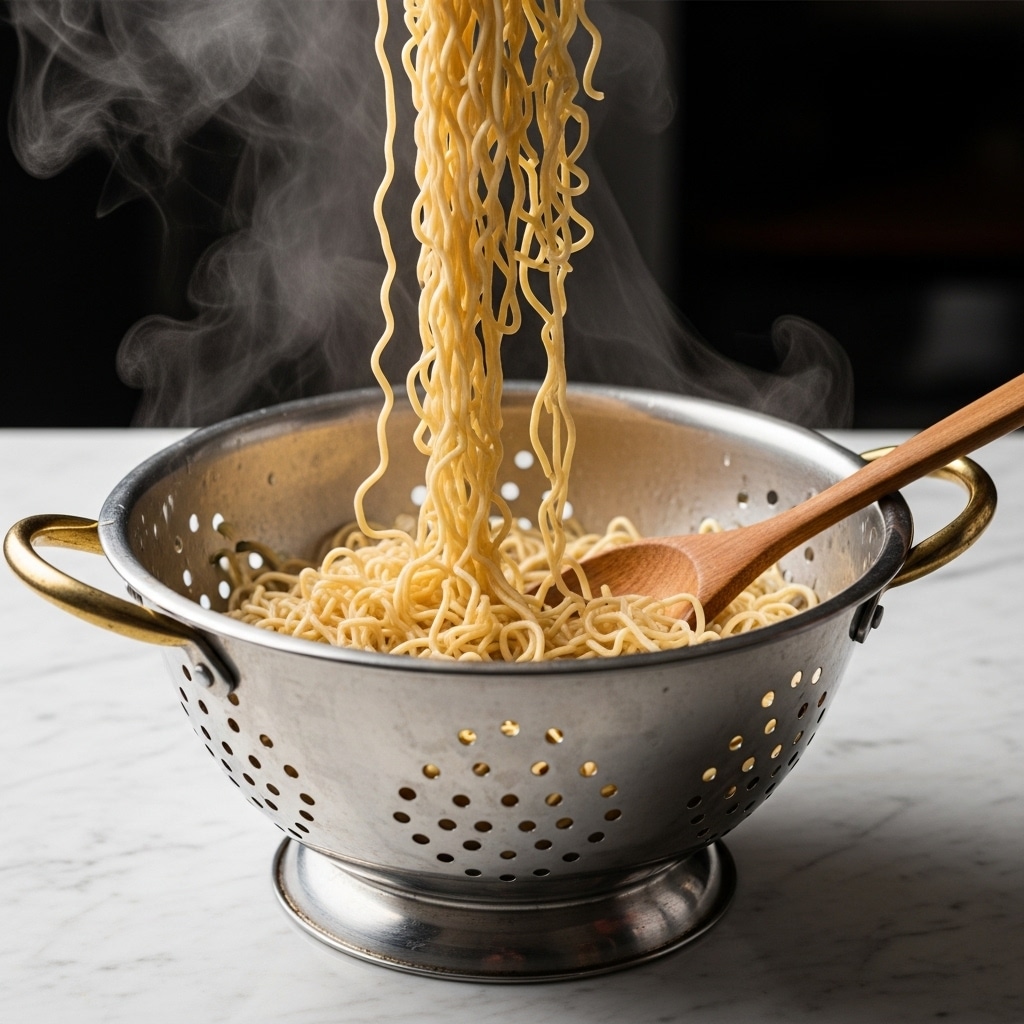 A silver metal colander filled with light brown cooked noodles sits on a white marbled surface. The colander has many round holes and two handles with a golden edge. Steam rises from the noodles, showing they are hot. A wooden spoon with a smooth texture is inside the colander, stirring the noodles from the right side. Some noodles hang slightly over the edge. The background is dark and blurry, making the colander and noodles the main focus. photo taken with an iphone --ar 4:5 --v 7